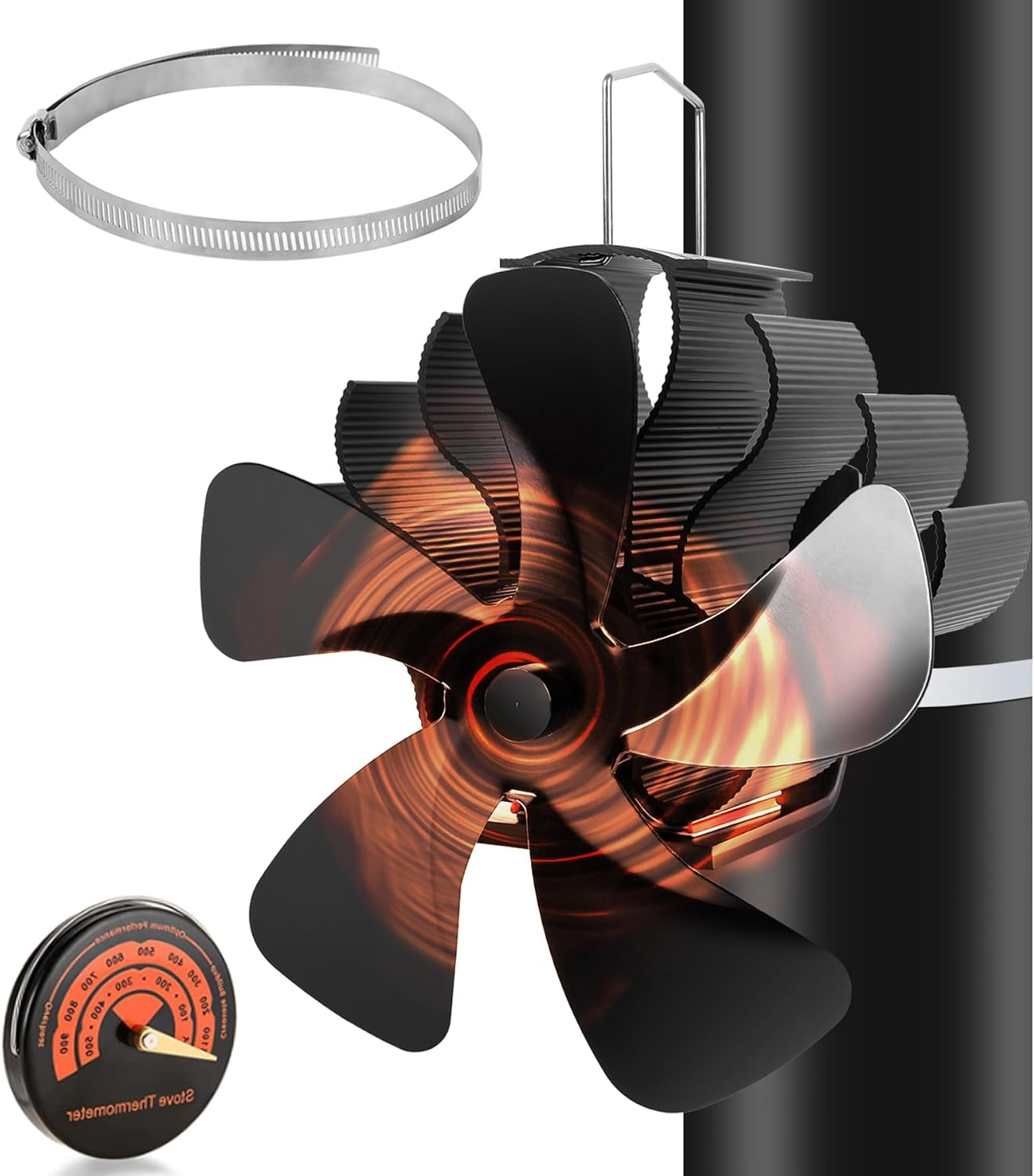 PYBBO Heat Powered Wood Stove Fan, 5 Blades Pipe Fireplace Fan, Silent Operation Motors Thermal Stove Fan for Wood Burning Stove/Pellet/Log/Gas Burner with Magnetic Thermometer