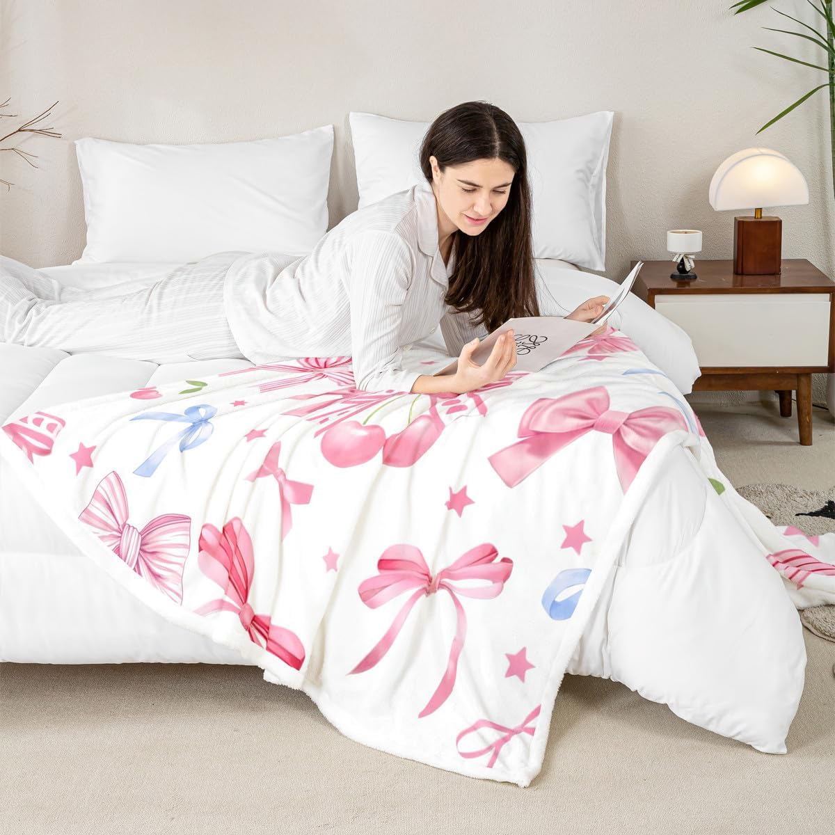 Manfei Bow Cherry Throw Blanket Pink Blue Bowknot Fleece Blanket, Cute Bow Tie Princess Cozy Throws for Bed Couch Sofa, Kids Girls Women Room Decor, Soft and Breathable(50 x 60 Inches)