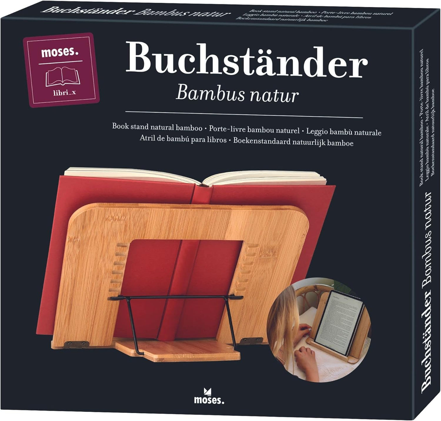 moses. libri_x Buchständer Bambus Natur - Praktischer Ständer für Bücher, Kochbücher, Tablet oder iPad, Halterung zum Kochen, Lesen, Streamen oder Videotelefonieren