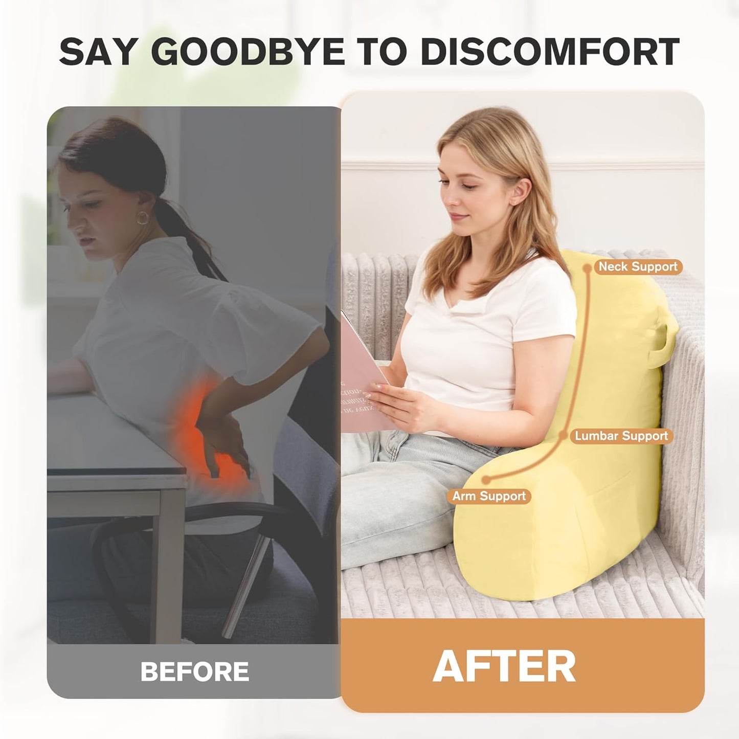 Portable Comfy Reading Pillows for Bed Sitting Up(Yellow Oeko-Tex), Velvet Back Pillow with Arms & Pockets for Adults, Support Memory Foam Bed Pillow for Dorm/Reading/Watching/Gaming