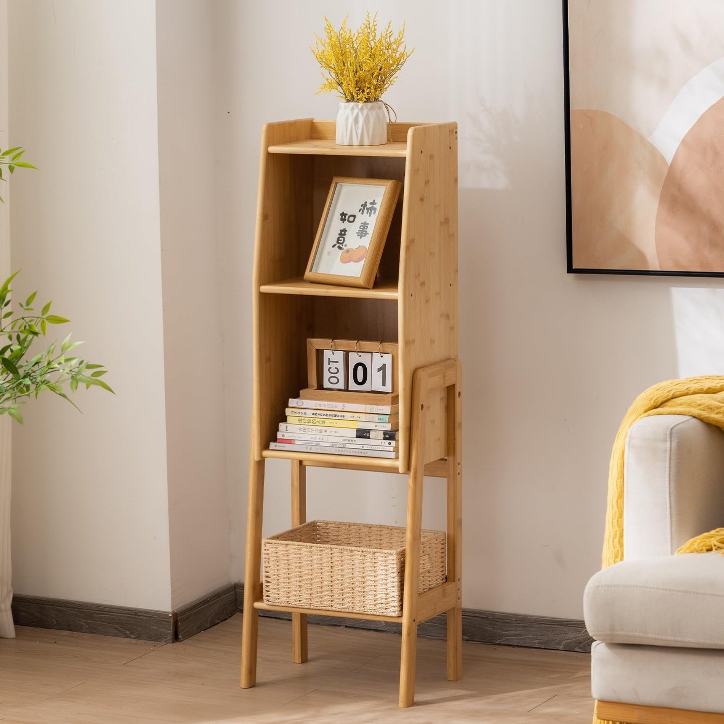 latifolia Bookshelf, 3-Tier Bamboo Bookcase with Bottom Storage Shelving, Narrow Corner Storage Organizer for Modern Living Spaces-Nature