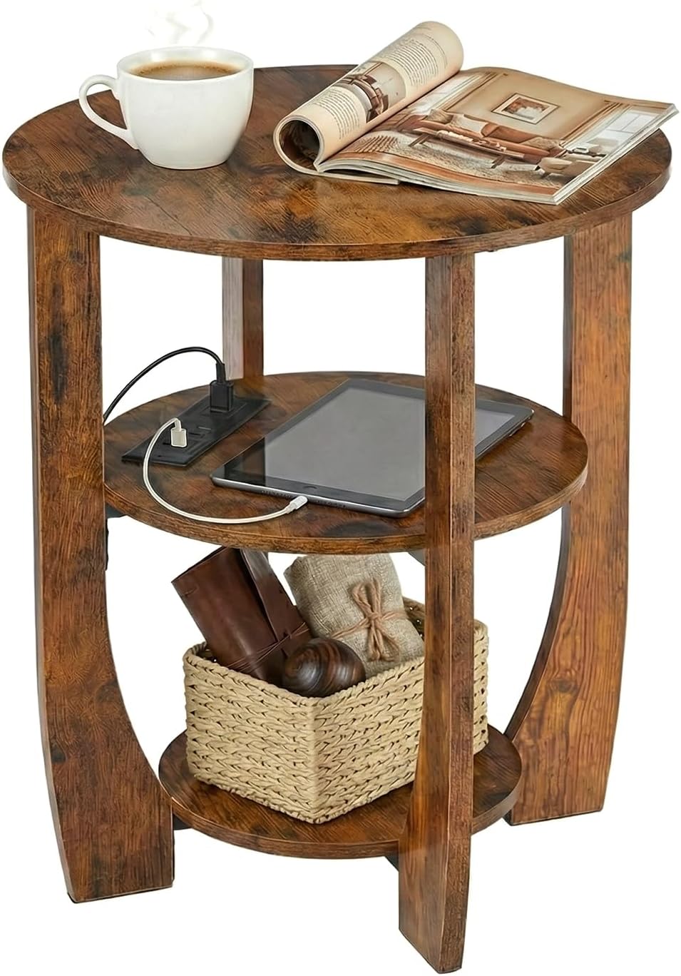 Round Side Table with Charging Station,3 Tier End Table with USB Ports & Outlets,19.7" Nightstand for Bedroom,Living Room,Small Spaces,Rustic Brown Wood Look Accent Table