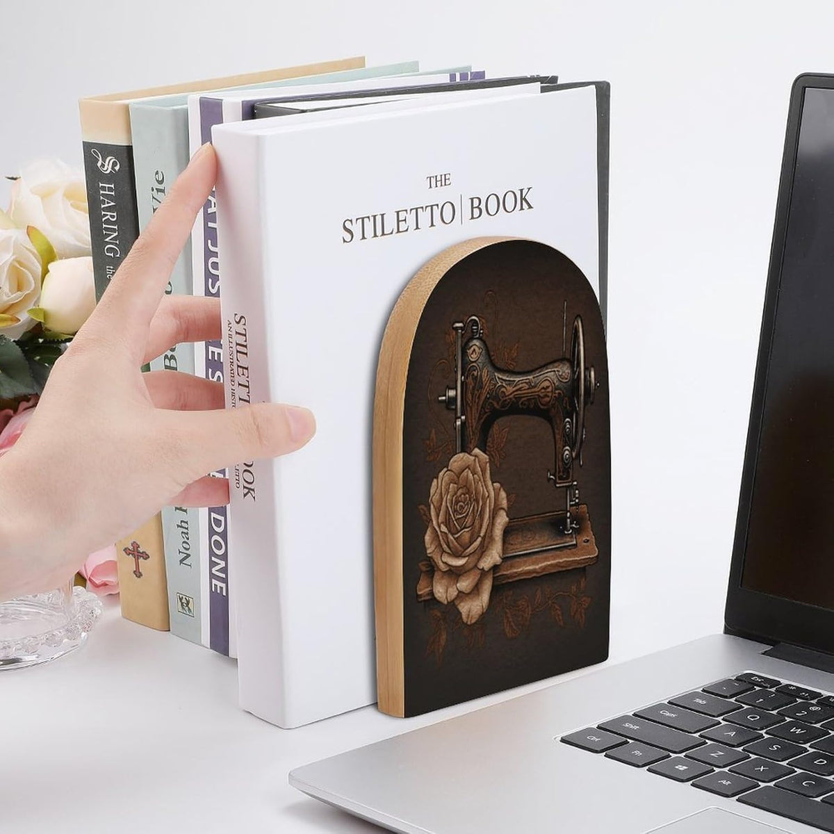 Rose and Sewing Machine Wooden Bookend Non-Slip Book Ends Heavy Duty Book Stopper with Metal Base Books Holderd Decorative Bookends Stands Firmly for Office Supplies