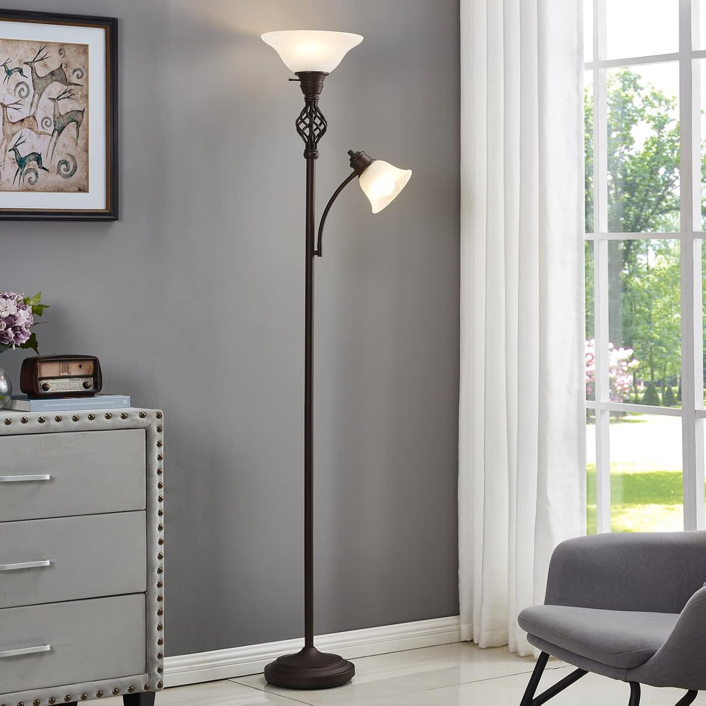 GyroVu Torchiere Floor Lamp for Living Room, LED Standing Reading Light for Bedroom with Glass Shade for Living Room Corner Bedroom Home Office,Bulbs Included (Red Brown,Glass 2 Head)