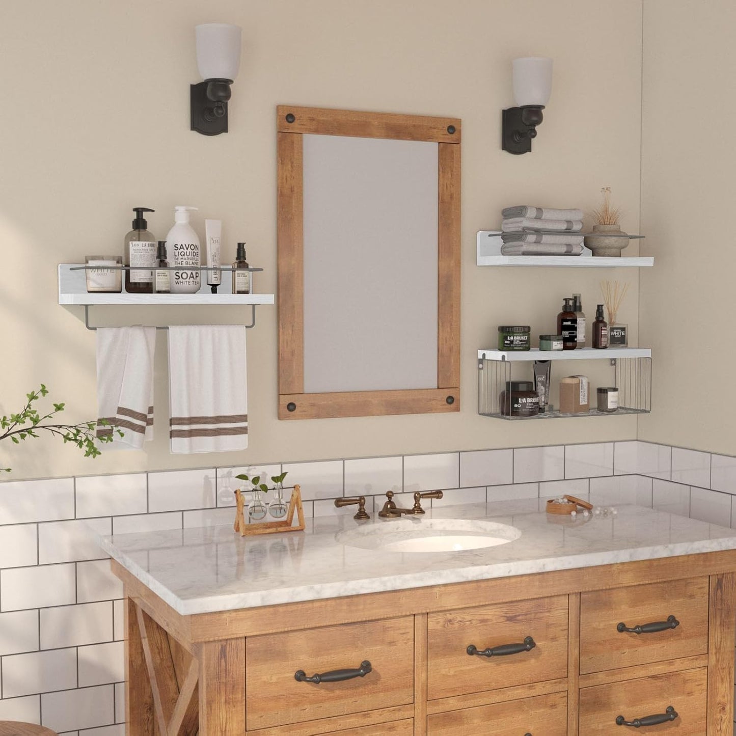 Bathroom Shelves Over Toilet for Wall, Floating Shelves with Storage Basket Paper Holer for Kitchen Living Room, Bedroom & Classroom, Set of 3 (White and Grey)