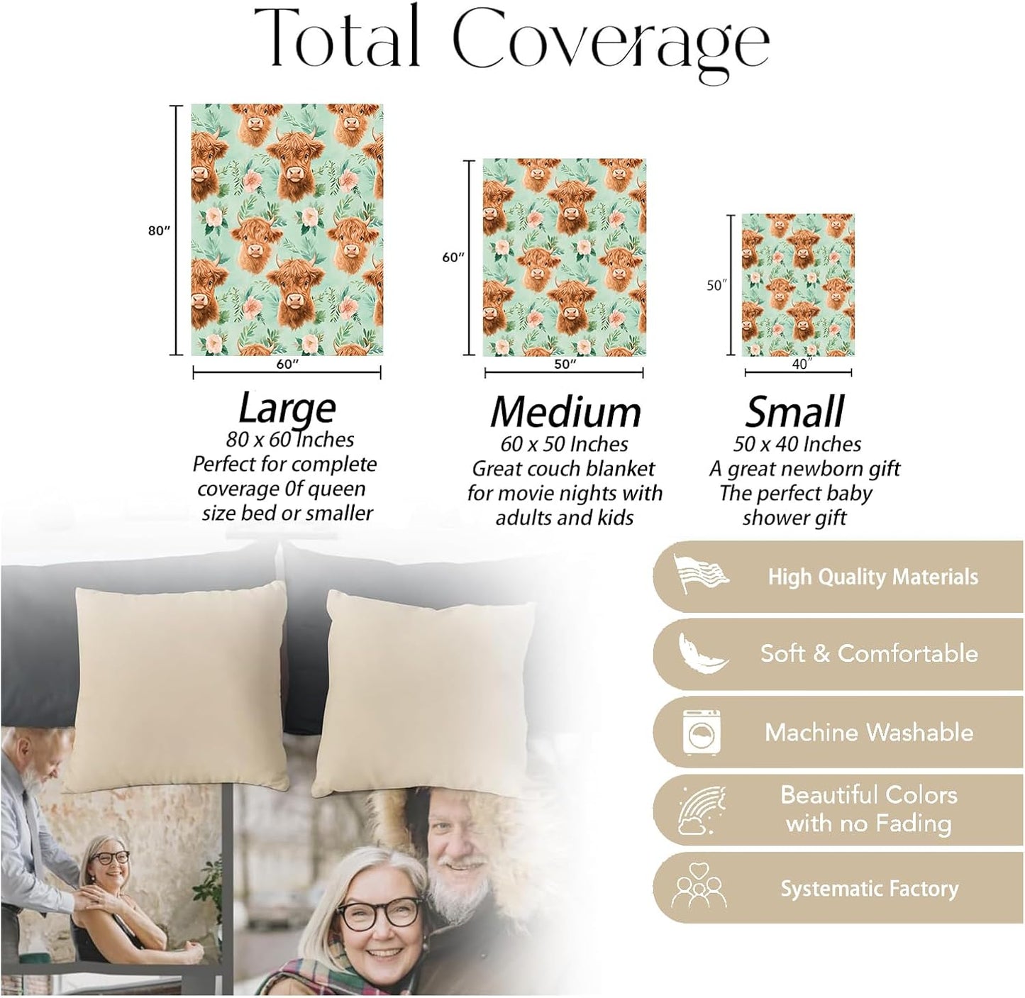 Lovely Highland Cow Blanket, Soft Warm Cozy Blush Flowers Throw Blanket Gifts for Adults Kids Women, Lightweight Fuzzy Comfy Flannel Blankets for Couch, Travel, Bed, House Decor 60×50 Inch