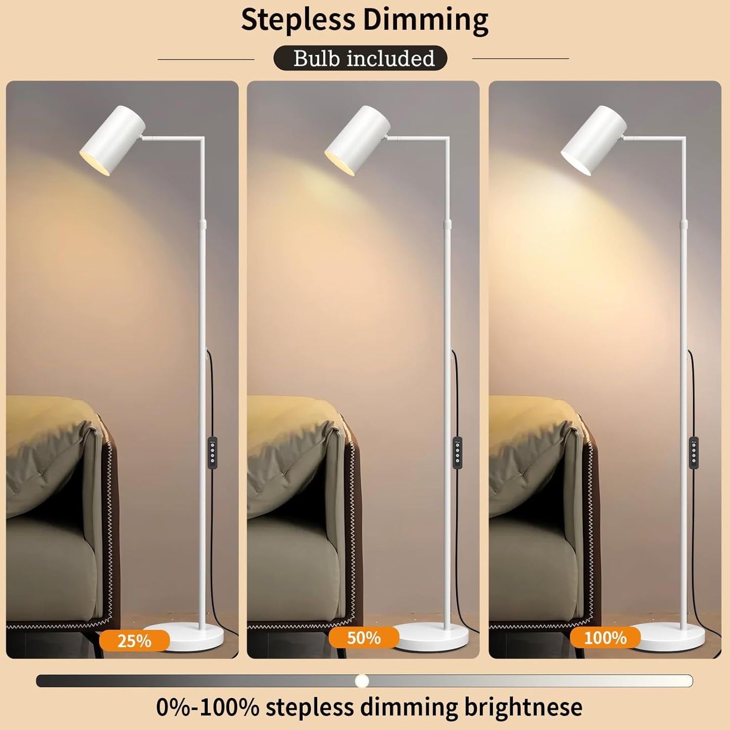 Stepless Dimmable Arc Floor Lamp for Living Room with Timer,Height Adjustable Modern Reading Standing Lamps for Living Room,Reading Room,Office,LED Bulb Included (White-DM)