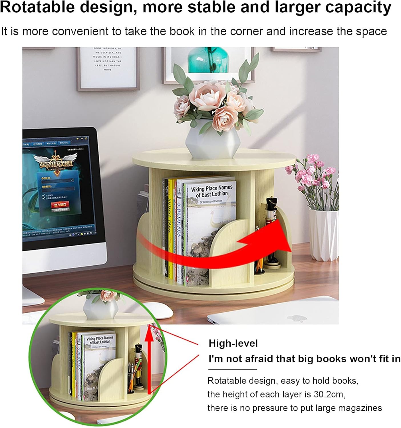 360° Rotating Bookshelf Floor Standing Display Shelf Bookcase Home Storage Organizer Shelf Standing Book Rack Multifunctional Bookshelves for Office Living Room Study-Pink 45x35cm(18x14inch) (Yello