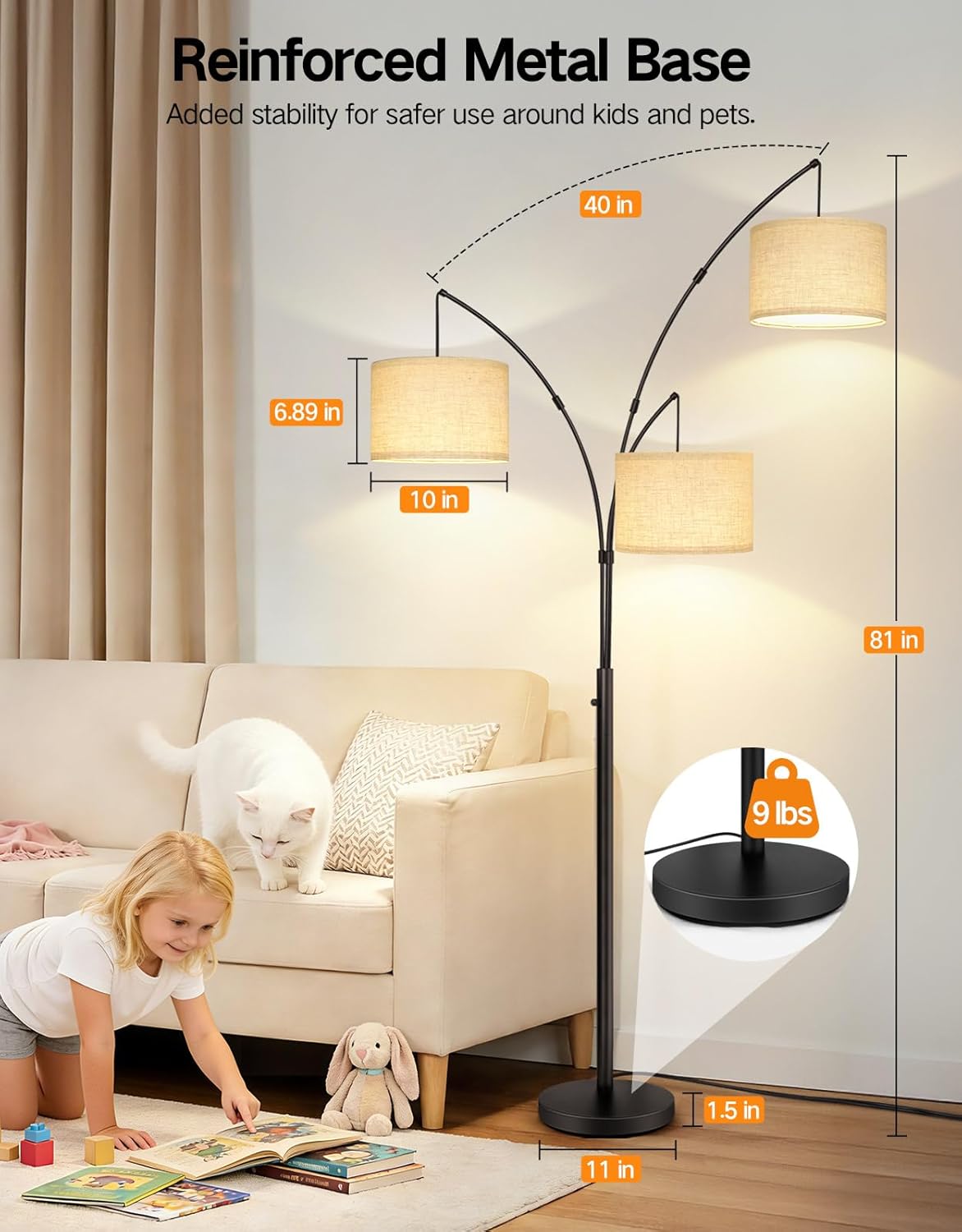 OUTON Arc Led Floor Lamp, Modern 3 Light Arched Tall Floor Lamps for Living Room, Mid Century Adjustable Standing Corner Lamps for Bedroom Office, 3 LED Bulbs Included, Beige Lampshade