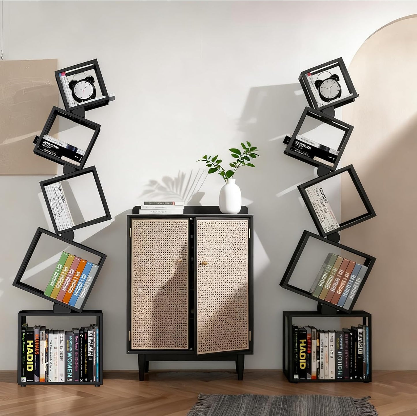 5-Tier Skinny Bookshelf with Unique Geometric Design - Modern Metal Bookcase, Space-Saving Narrow Organizer for Living Room, Bedroom, Office, Corner - Black