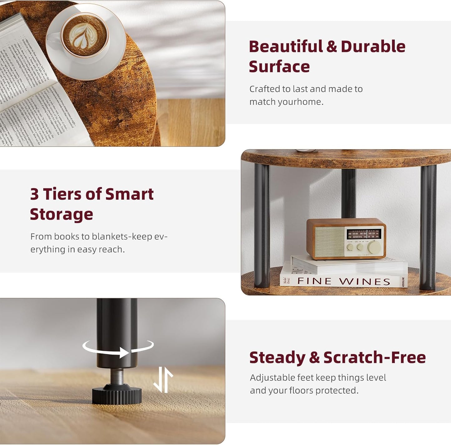 Simple Trending End Table Living Room, Small Round Side Table, 3 Tiers Accent Table for Small Spaces, Rustic Brown