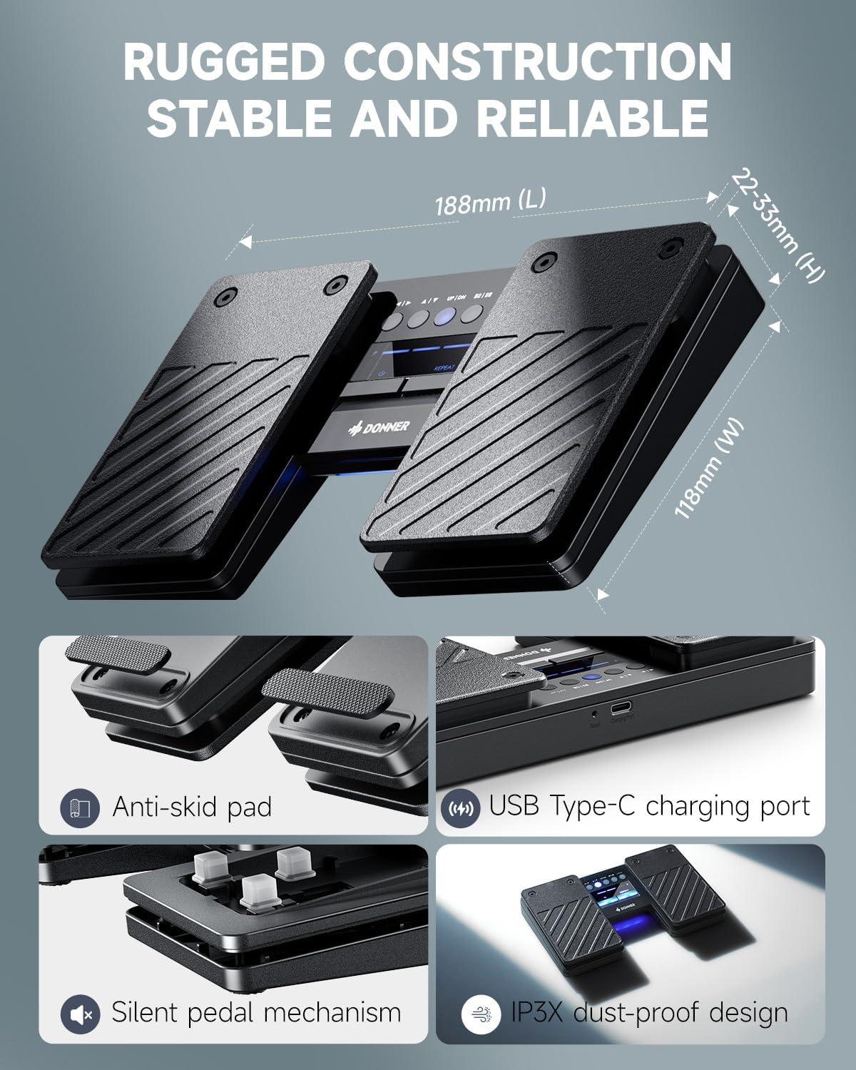 Donner Wireless Bluetooth Page Turner Pedal for iPad Tablets Phone Foot Pedal, Black