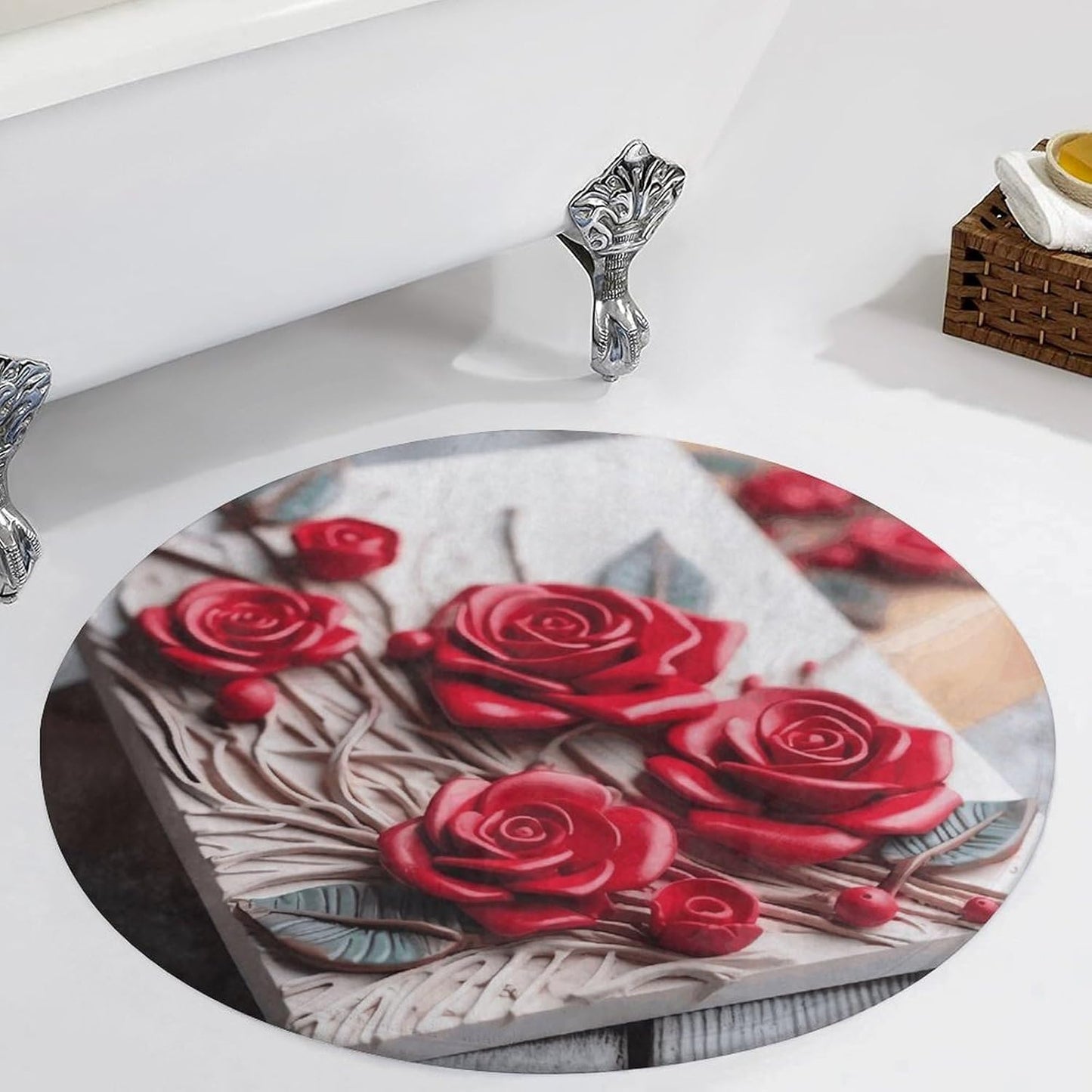 Roses on Wooden Board Circle Rug Retro Luxury Coral Velvet Floor Mat Non Slip Soft Indoor Floor Carpet Comfy Thickened Area Rugs Modern Aesthetic Minimalist Carpets for Home Decor