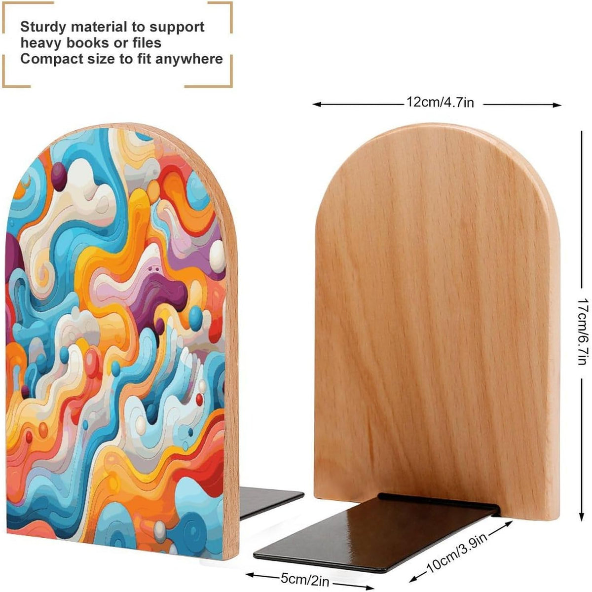 Non-Slip Bookend for Shelves Cartoon Lines Wooden Bookends with Metal Base Decorative Book Stopper for Home Heavy Duty Wood Book Storage for Books/CDs