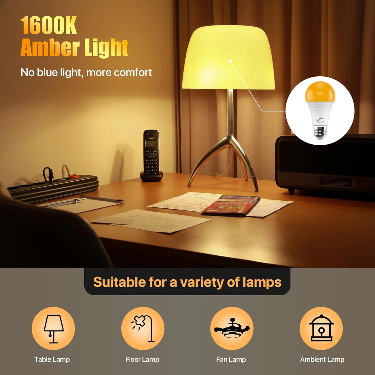 3W Amber Night Light Bulbs, 2 Pack Dimmable LED Warm White 1600K, Sleep Aid, Blue Light Blocking, Energy Saving, E26 Base Soft Light Bulb for Bedroom, Nursery, Mood Light
