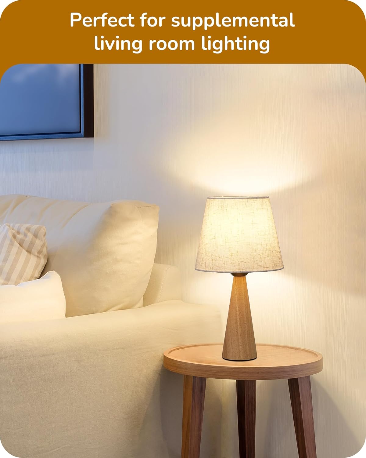 EDISHINE 13.58" Small Cute Table Lamp, Wooden Base Bedside Lamp with Beige Linen Lampshade, Space-Saving Nightstand Lamp for Nursery Bedroom Living Room, E26, ON-Off Button, Burlywood Base