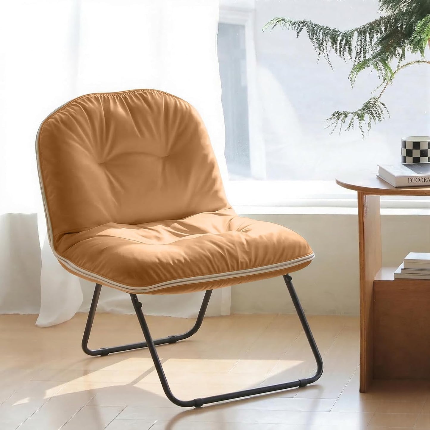 ZonLi Folding Vegan Leather Saucer Moon Chair, Comfy Soft Cozy Papasan Lounge Floor Chair for Adults,for Bedroom, Dorm, Living Room, Gaming Room, Study Corner, Portable Seat,Brown