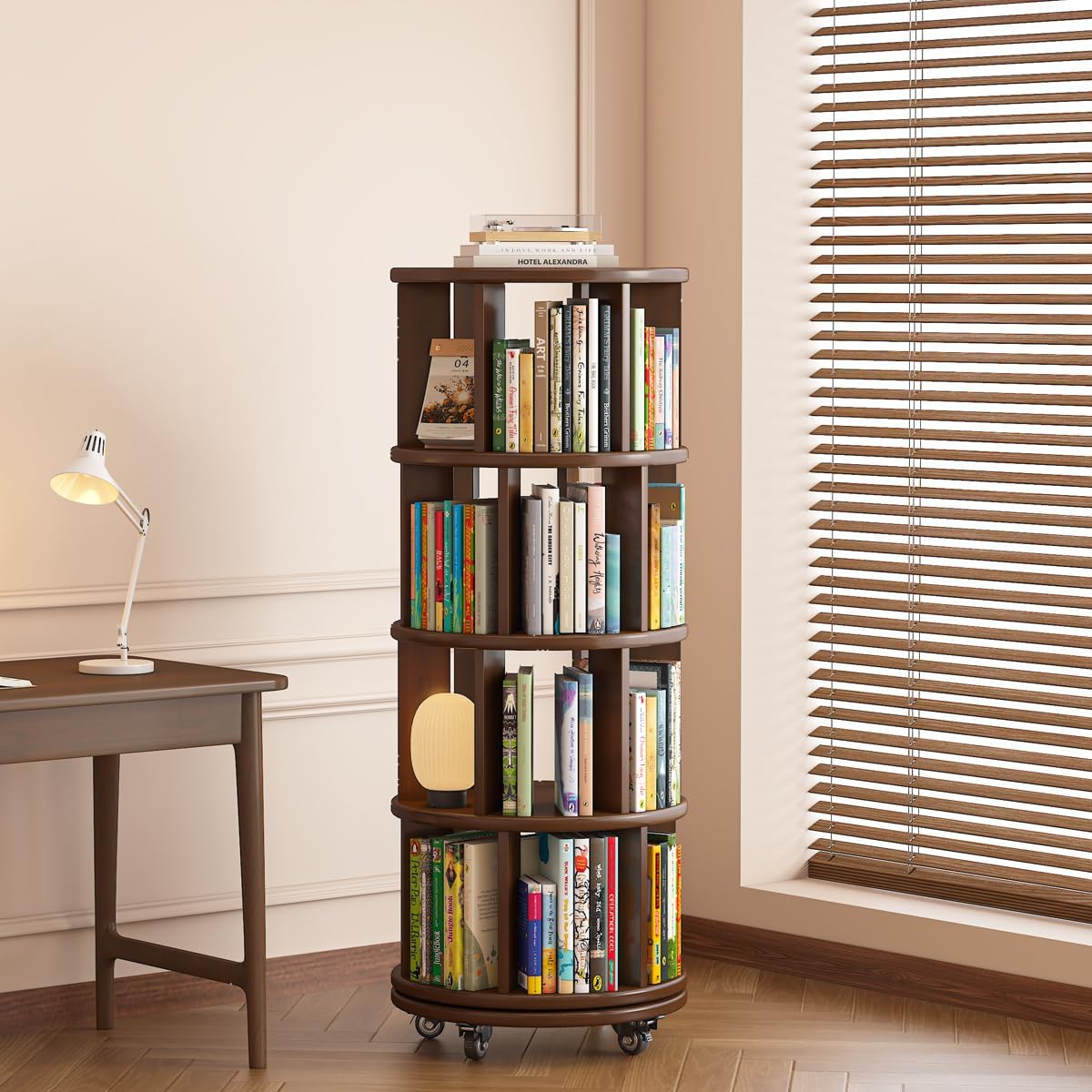 Saifu 4 Tier Wood Rotating Bookshelf on Wheels,Round Revolving Bookcase,360° Spinning Book Shelf Tower,Rolling Bookshelves for Small Space, Corner, Bedroom, Kids Room,Office, Walnut