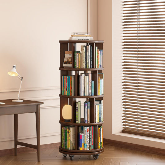 Saifu 4 Tier Wood Rotating Bookshelf on Wheels,Round Revolving Bookcase,360° Spinning Book Shelf Tower,Rolling Bookshelves for Small Space, Corner, Bedroom, Kids Room,Office, Walnut
