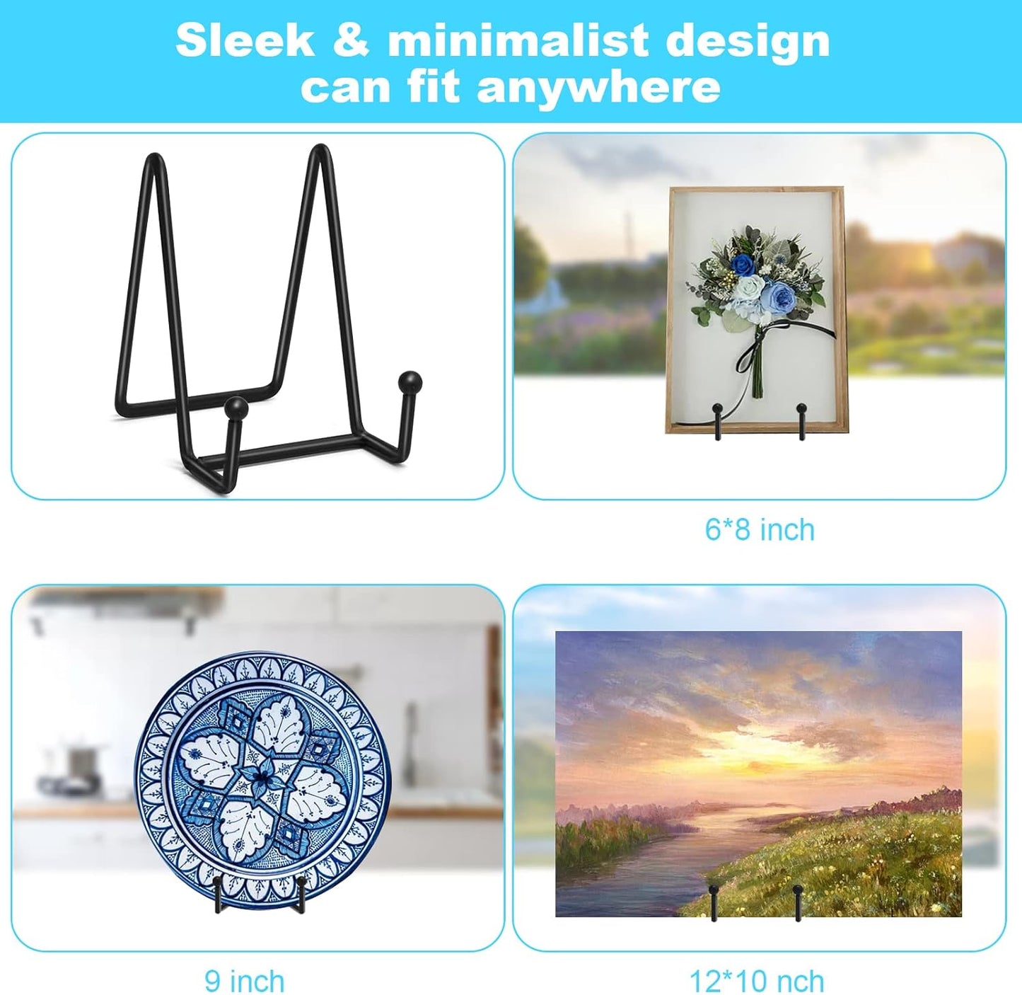 Ouskr 4 Pcs 4-1/4 Inch Plate Stands for Display, Metal Iron Picture Frame Holders Stand for Book Photo Small Easels Plaque Dish Art Tabletop Decorative Black