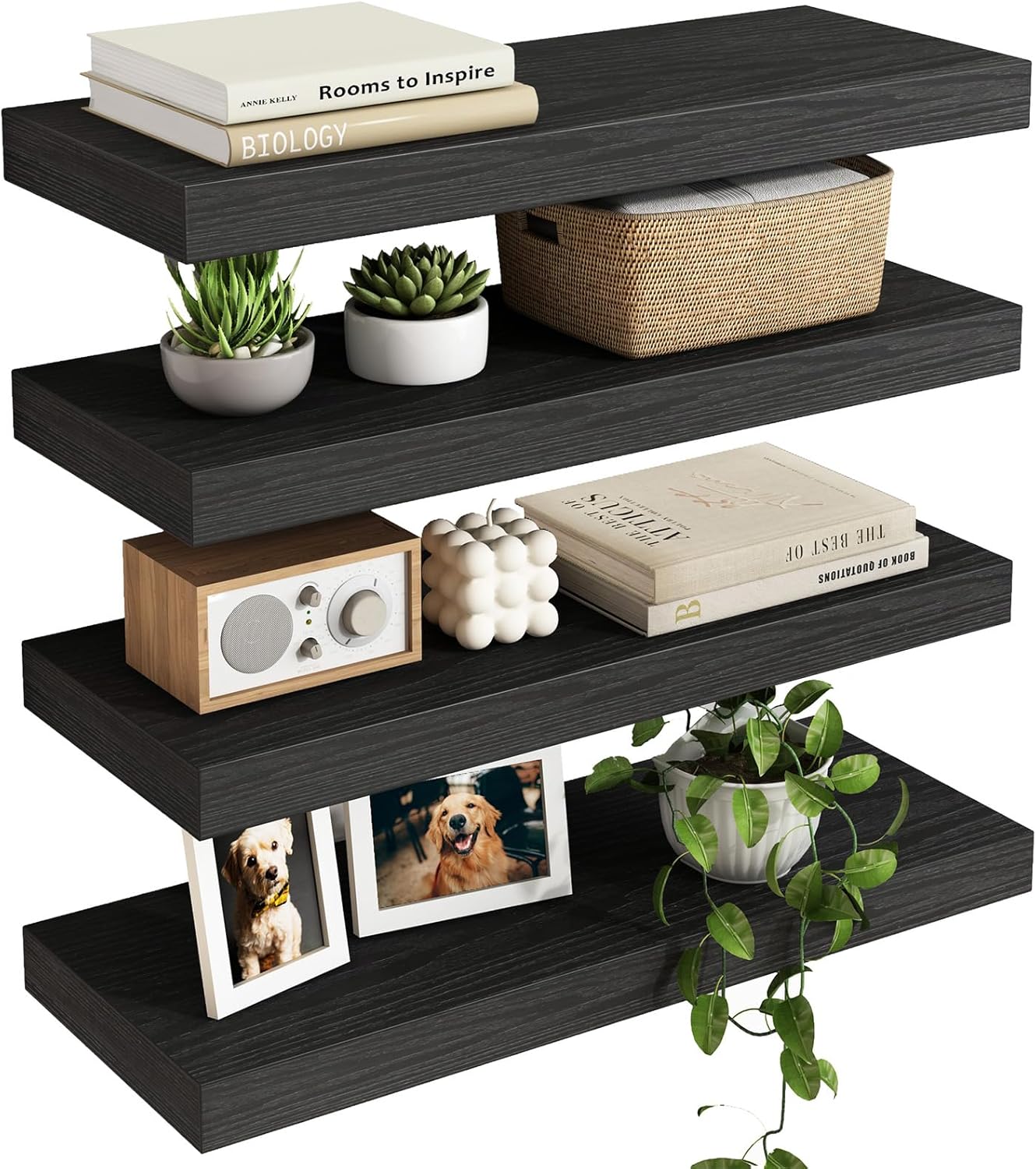 Fixwal Floating Shelves, Wall Mounted Rustic Wood Shelves for Bathroom, Living Room, Bedroom and Kitchen, Wall Shelves for Storage,Books,Room Decor (Black, Set of 4, 15.8 Inch)