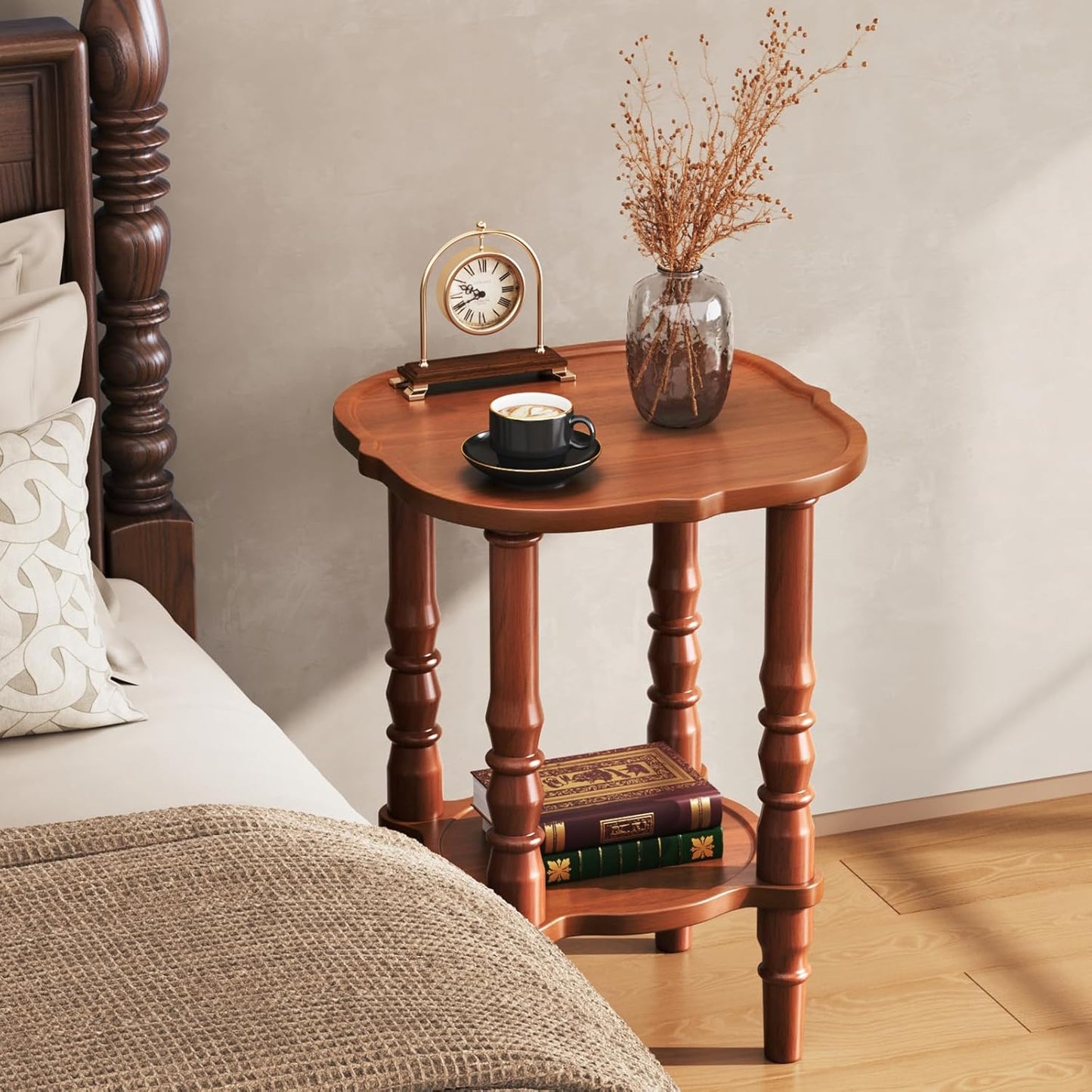 CozyDH Solid Wood End Side Table for Living Room - Small Wooden Nightstand for Bedroom, Retro Brown