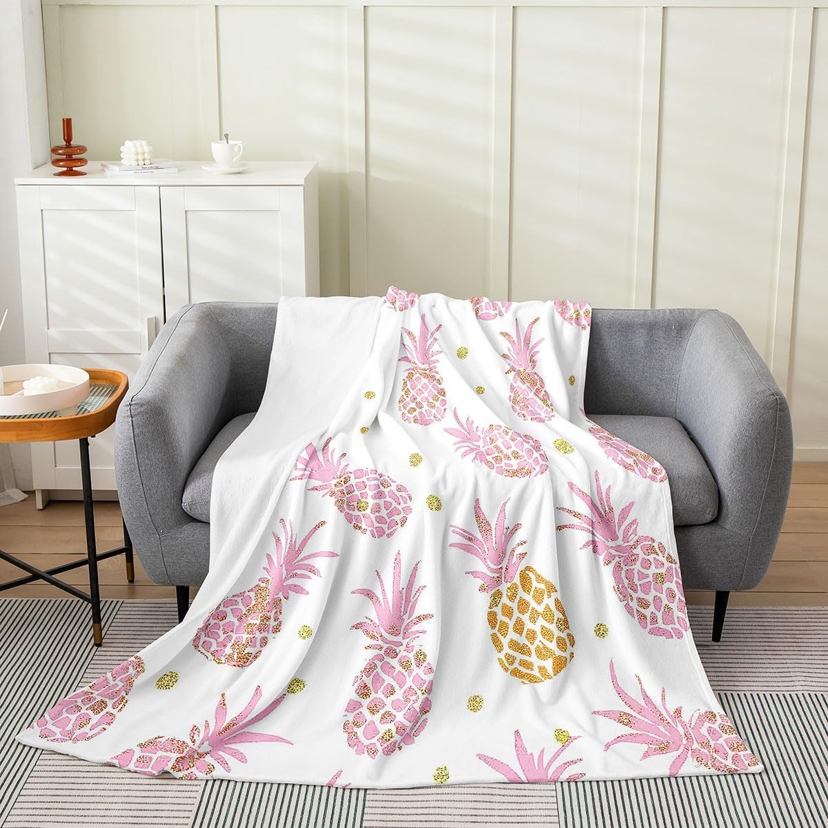 Erosebridal Pink Pineapple Throw Blanket 40x50 Inch for Bedroom,Cartoon Yummy Fruit Fleece Blanket for Sofa,Girls Neon Fruit Bed Blanket,Delicious Pineapple Flannel Blanket Luxury Soft