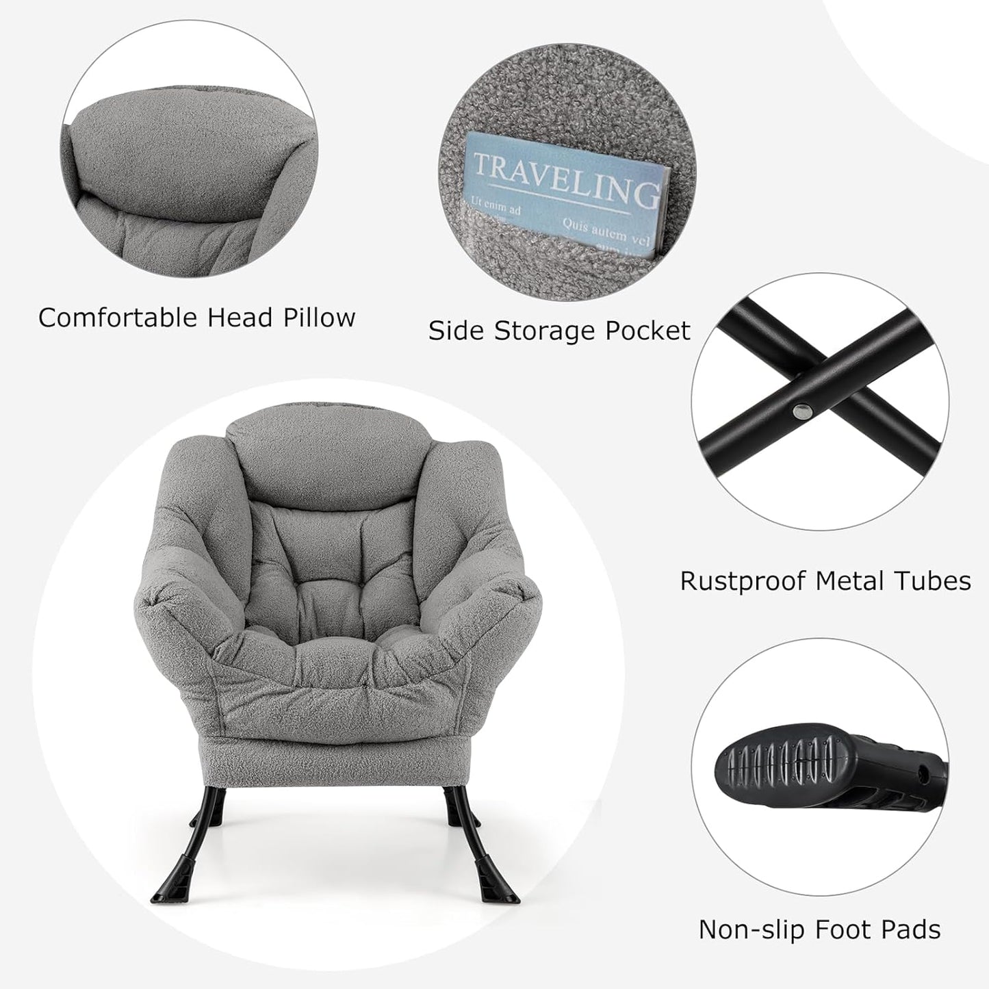 HOMGX Lazy Chair with Ottoman, Modern Accent Chair w/Folding Footstool & Side Storage Pocket, Upholstered Comfy Reading Chair for Bedroom, Living Room, Office (Grey)
