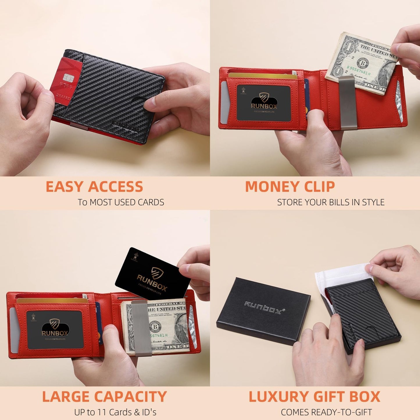 RUNBOX Slim Money Clip Wallets for Men RFID Blocking 11 Card Holder Minimalist Small Leather Bifold Men's Front Pocket Wallet Gift Box