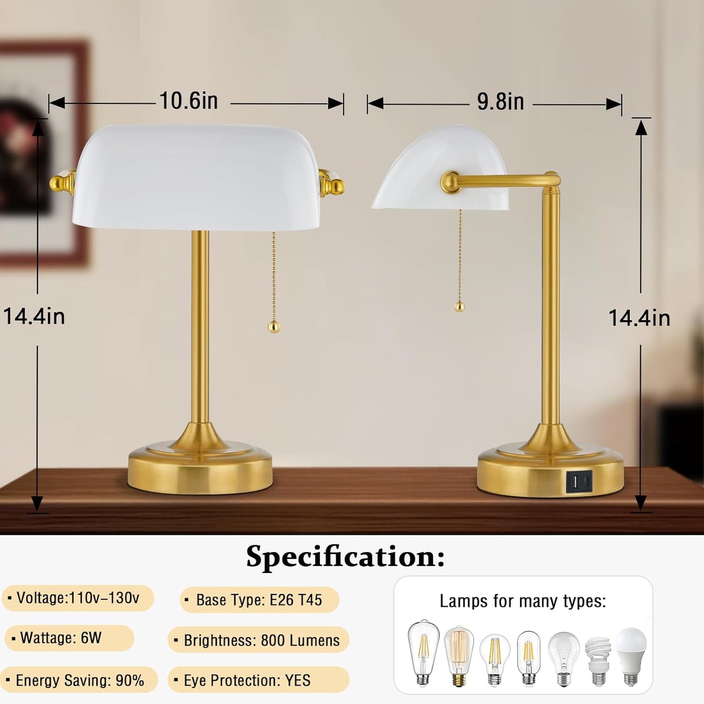 Vintage Desk Lamp Bankers Lamp - Plastic Lampshade Retro Table Lamp with USB & Type C Charging Ports Traditional Library Lamp for Home Office Nightstand Bedroom Side Table Lamp(T45 Bulb Included)
