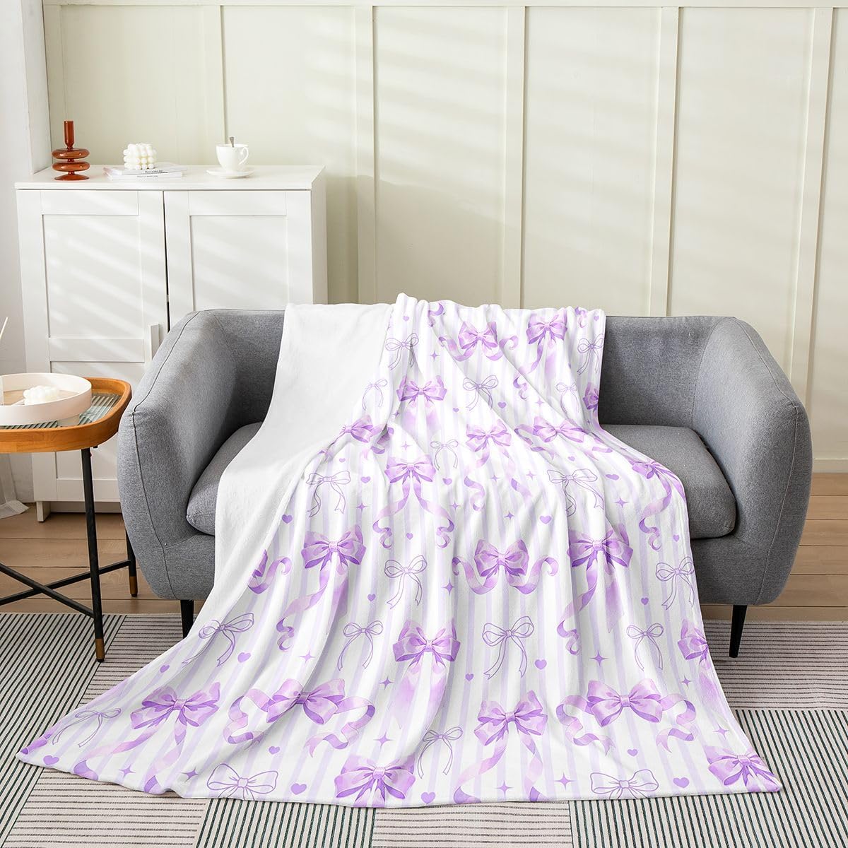 Feelyou Purple Bow Flannel Blanket Plush Fuzzy Cute Ribbon Bowknot Fleece Throw Blanket for Boys Girls Coquette Plush Sofa Throw Aesthetic Twin 60"x80" Stripe Heart Pattern for Bed Couch Chair
