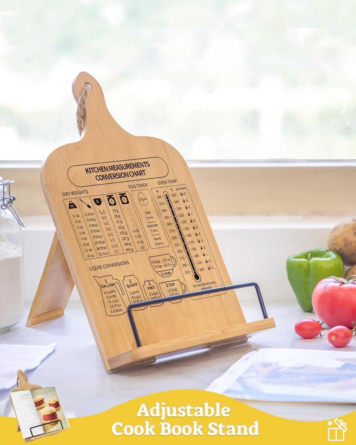 IKEDAS Bamboo Cookbook Stand, Sturdy Cook Book Holder, Recipe Book Holder with Measurement Conversion Chart, Cookbook Stand for Kitchen Counters, Essential Accessories for Holding Cookbooks