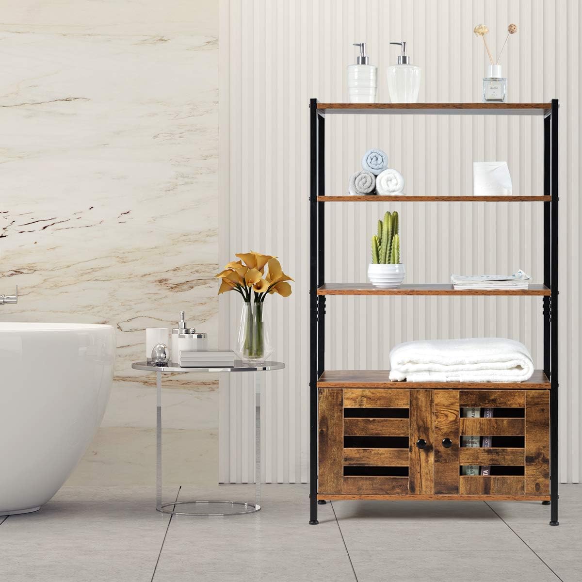 Tangkula Storage Cabinet, Industrial Bookshelf and Bookcase, Freestanding Floor Cabinet with 3 Shelves and 2 Louvered Doors, for Living Room Study Home Office, 27.5 x 12 x 47.5 Inch, Rustic Brown