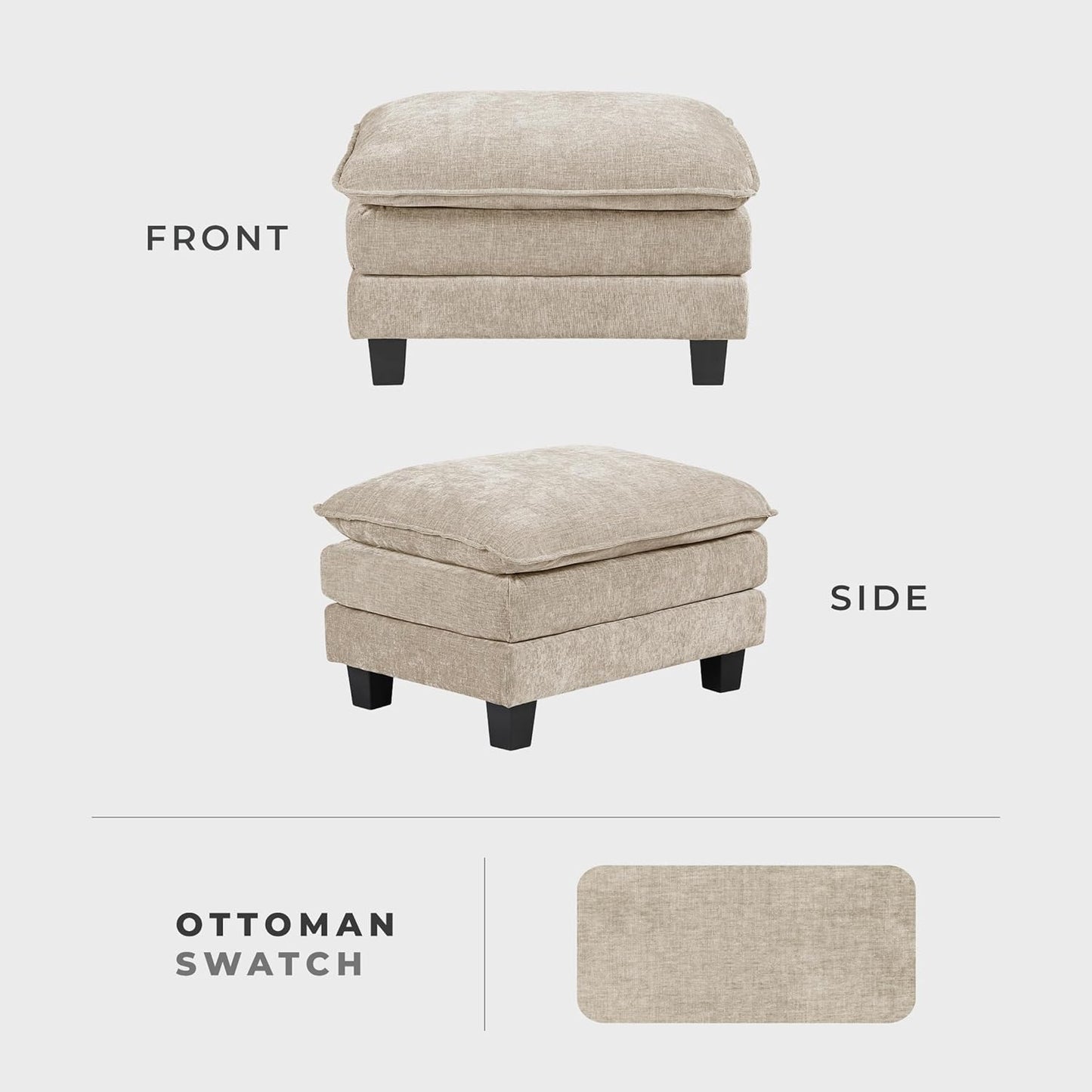 Lexicon Chenille Upholstered Rectangle Ottoman, Foot Stool, Black Faux Wood Feet, Durable Frame, Large Padded, Modular Sectional Couch Add Ons for Living Room, Bedroom, Assembly Required, Light Taupe