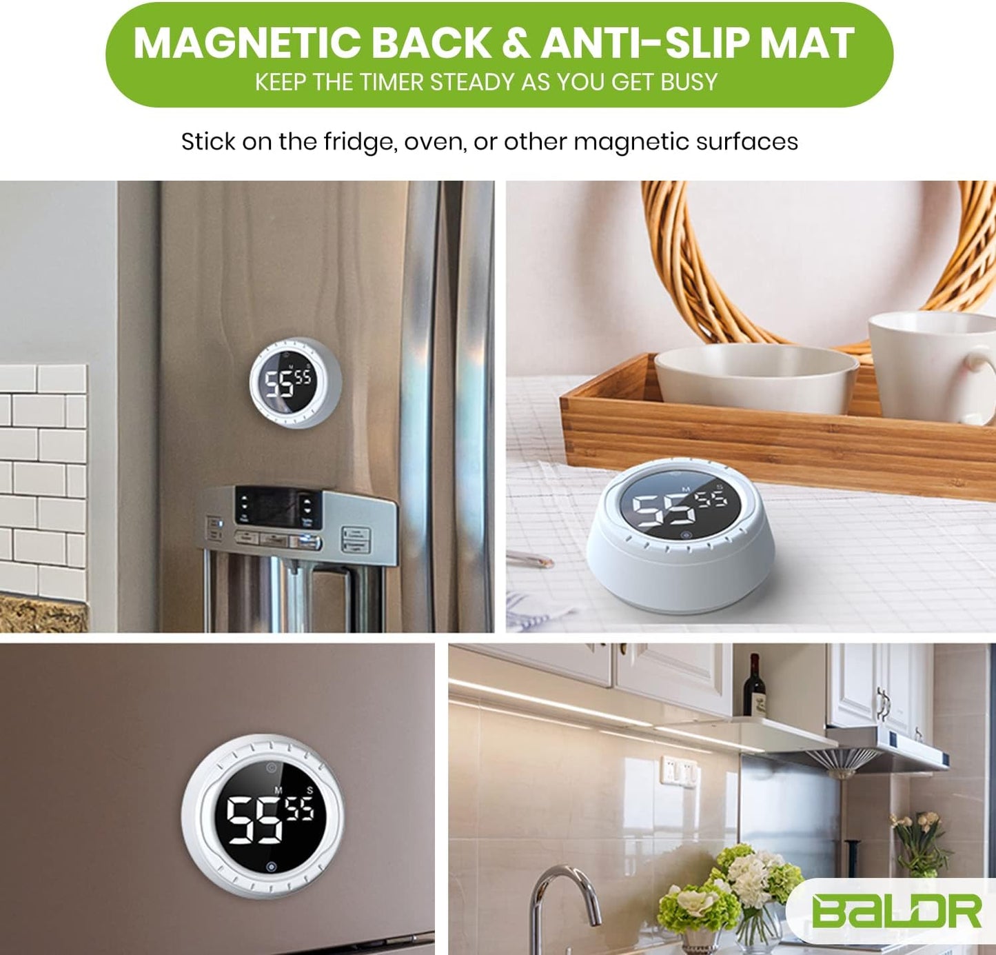 BALDR Digital Kitchen Timer with Rotating Desk Display, Strong Magnet, Count Up/Down & Beeping Alerts - Productivity Timer & Magnetic Timers for Classroom and Kitchen (White)