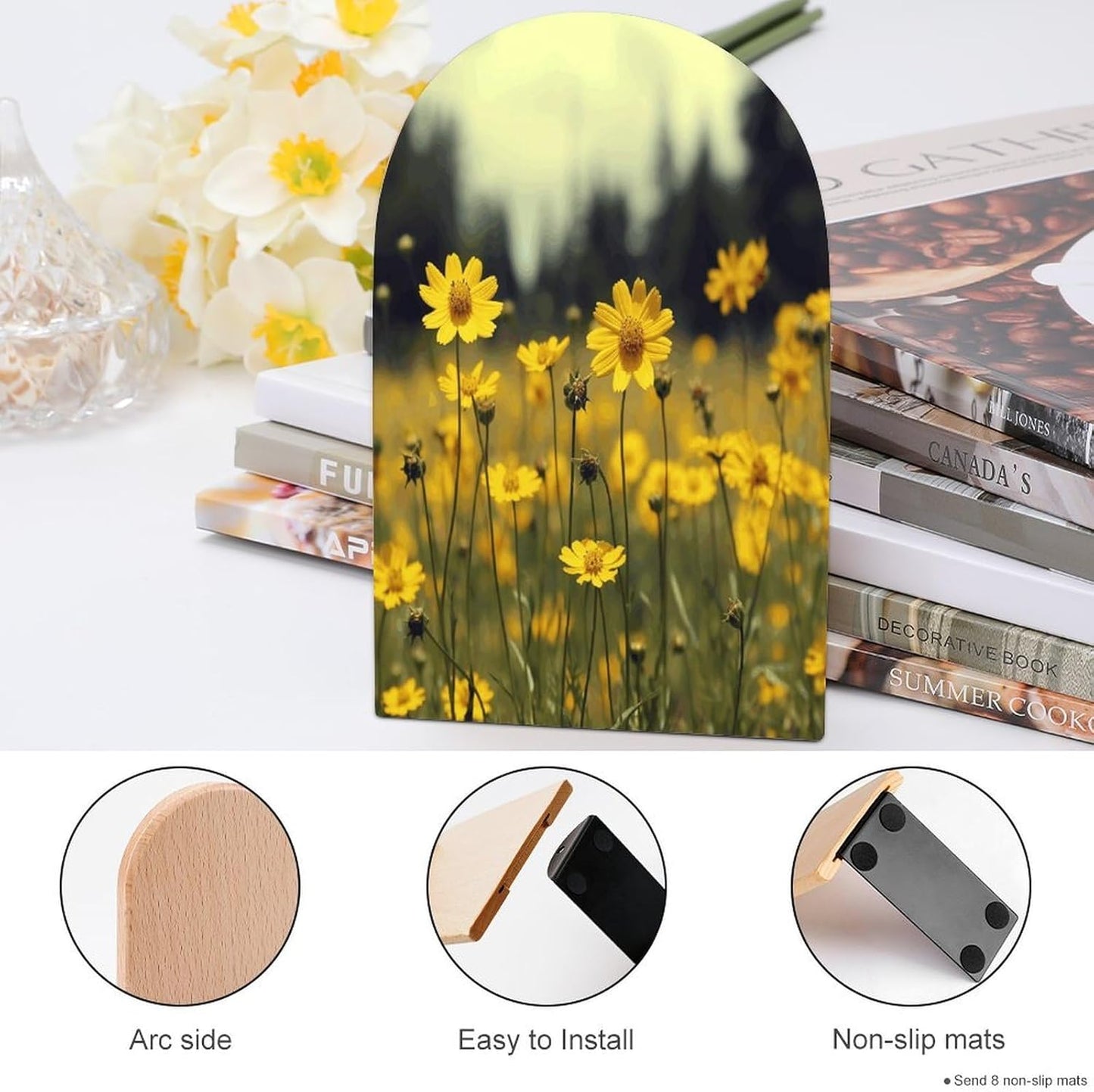 Summer Yellow Flowers Bookend for Shelves Wooden Book End Large Size Sturdy Book Holders Stoppers with Metal Base for Bookshelves Slick Decorative Bookends Stands