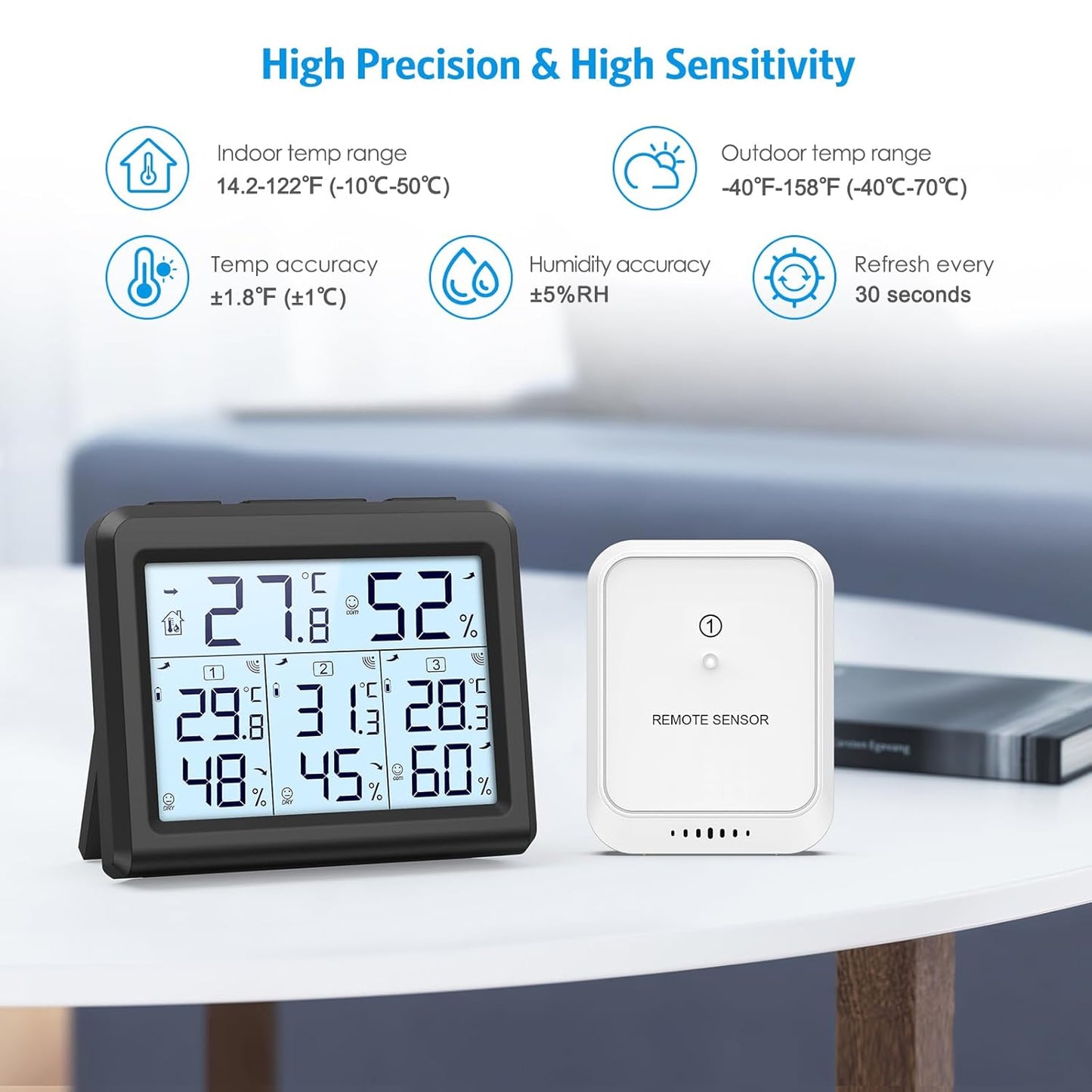 AMIR Indoor Outdoor Thermometer, 3 Channels Digital Hygrometer Thermometer with 3 Sensor, Temperature Humidity Monitor with LCD Display, Wireless Humidity Gauge for Home, Baby Room-Black