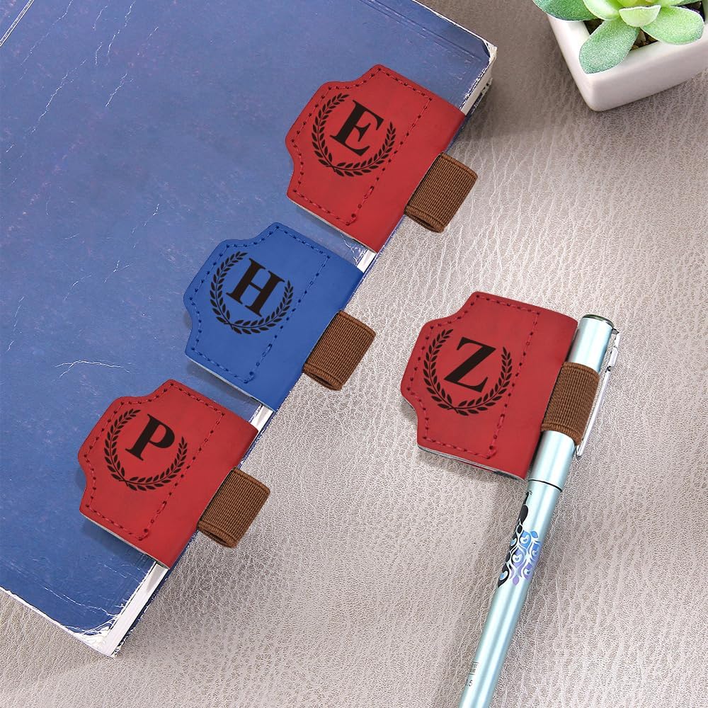Bygone Mark Bookmark with Pen Holder, 26 Letters Magnetic Leather Bookmarks Personalized Book Mark for Book Lovers, Magnetic Bookmark Pen Holder with Cross for Women Men(Red-J)