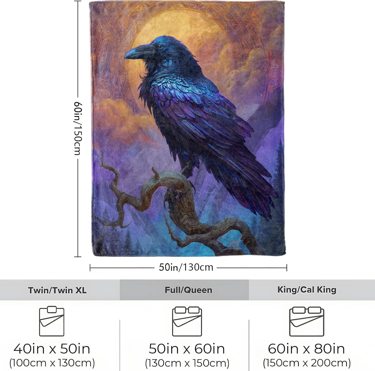 Mystical Raven Blanket, Soft Cozy Lightweight Majestic Crow on Tree with Sunset Sky Throw Blanket for Women Adults, Sofa Couch Bed 50x60 Inch Gothic Flannel Blankets for Travel Decor Gifts
