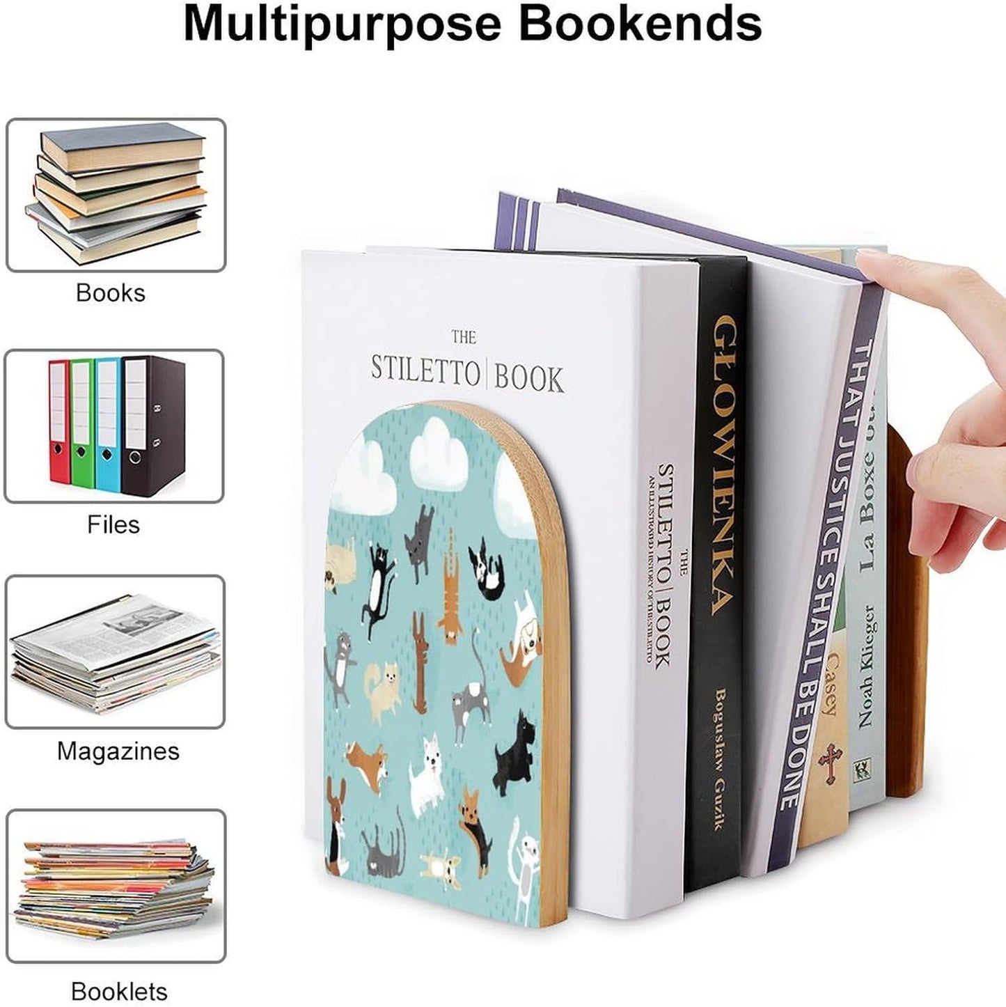 Rain Cat and Dog Wooden Bookend Non-Slip Book Ends Heavy Duty Book Stopper with Metal Base Books Holderd Decorative Bookends Stands Firmly for Office Supplies