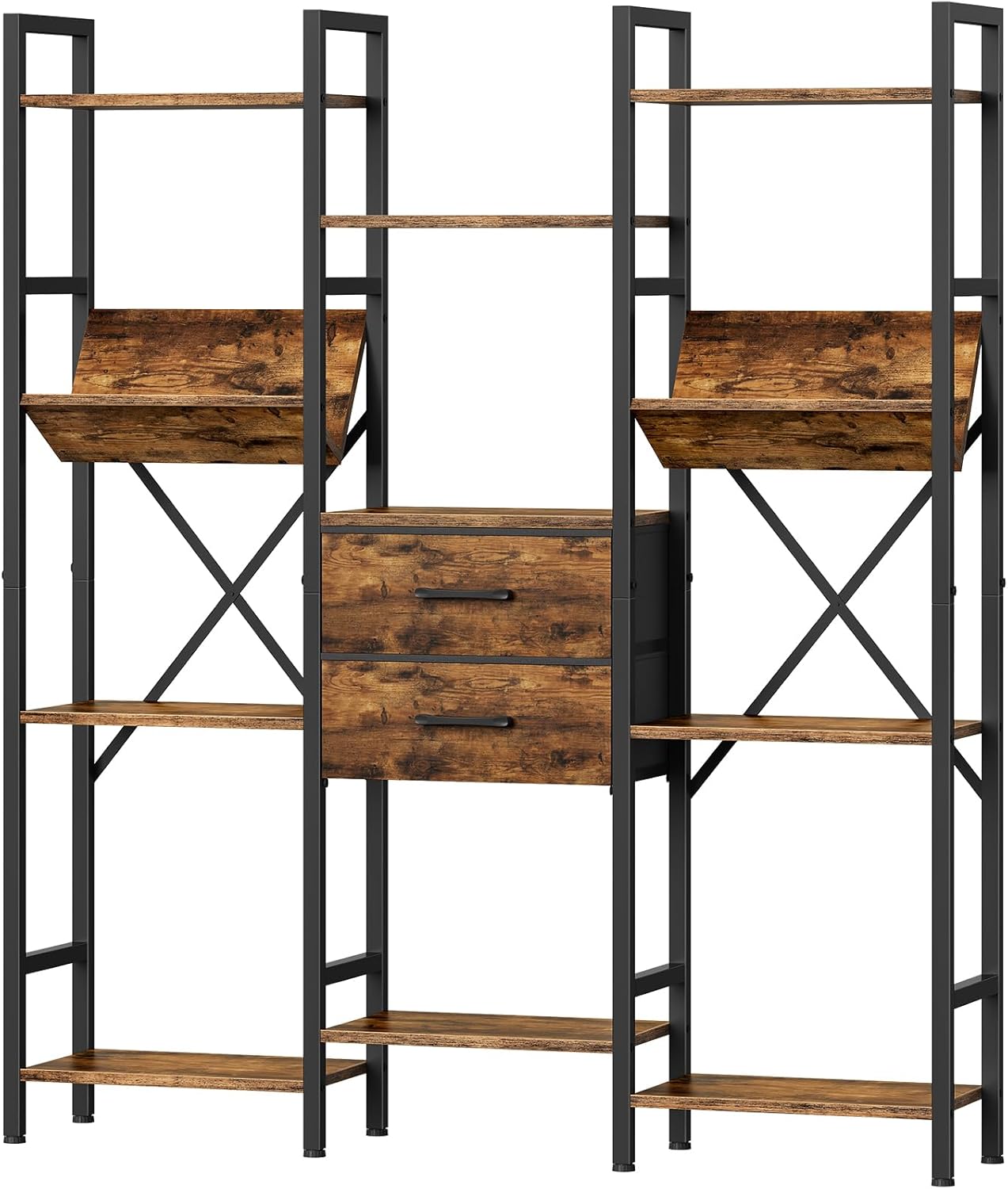 3-Column Bookcase, 55.1" Bookshelf with 2 Non-Woven Fabric Drawers and V-Shaped Shelves, Display Storage Shelf for Living Room, Office, Study, Rustic Brown and Black TSJ03BF