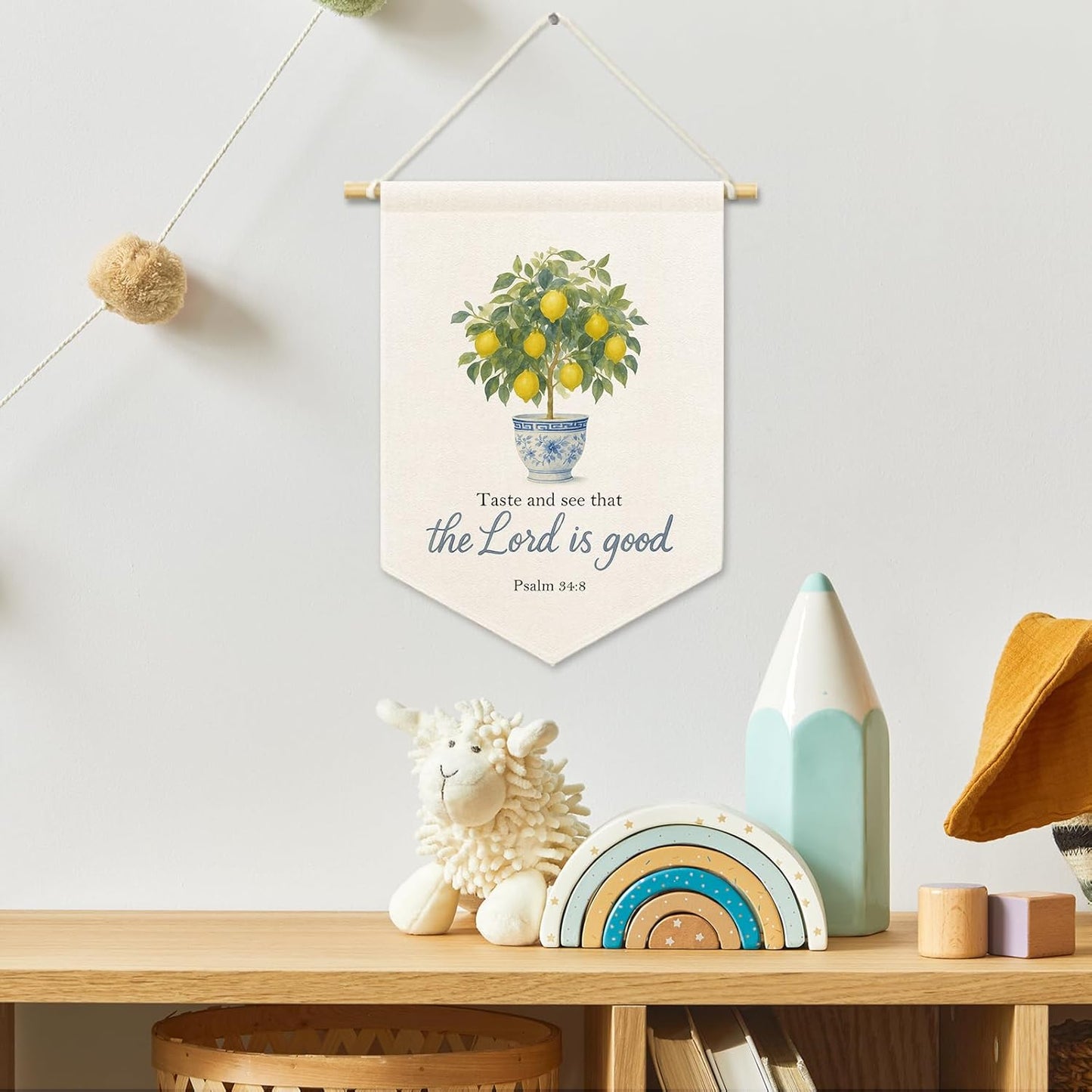 Christian Lemon Tree Kids Room Decor, Scripture Taste and See That The Lord Is Good Banner Canvas, Chinoiserie Wall Hanging Frame Decor Art Pennant Flag for Prayer Toddler Room Church 11x15in