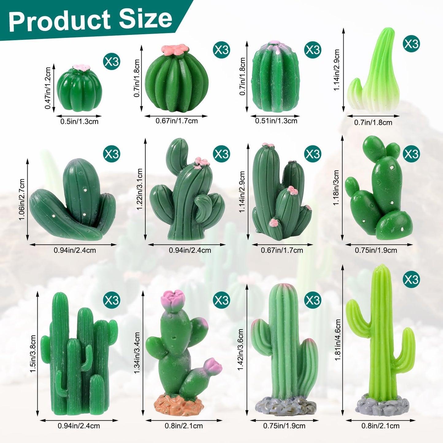 36 Pcs Mini Resin Cactus, Miniature Resin Cactus Figurines 12 Styles Cute Small Artificial Green Cactus Succulent Plants for Garden Flower Pot Bonsai Tiny Micro Landscape Decors