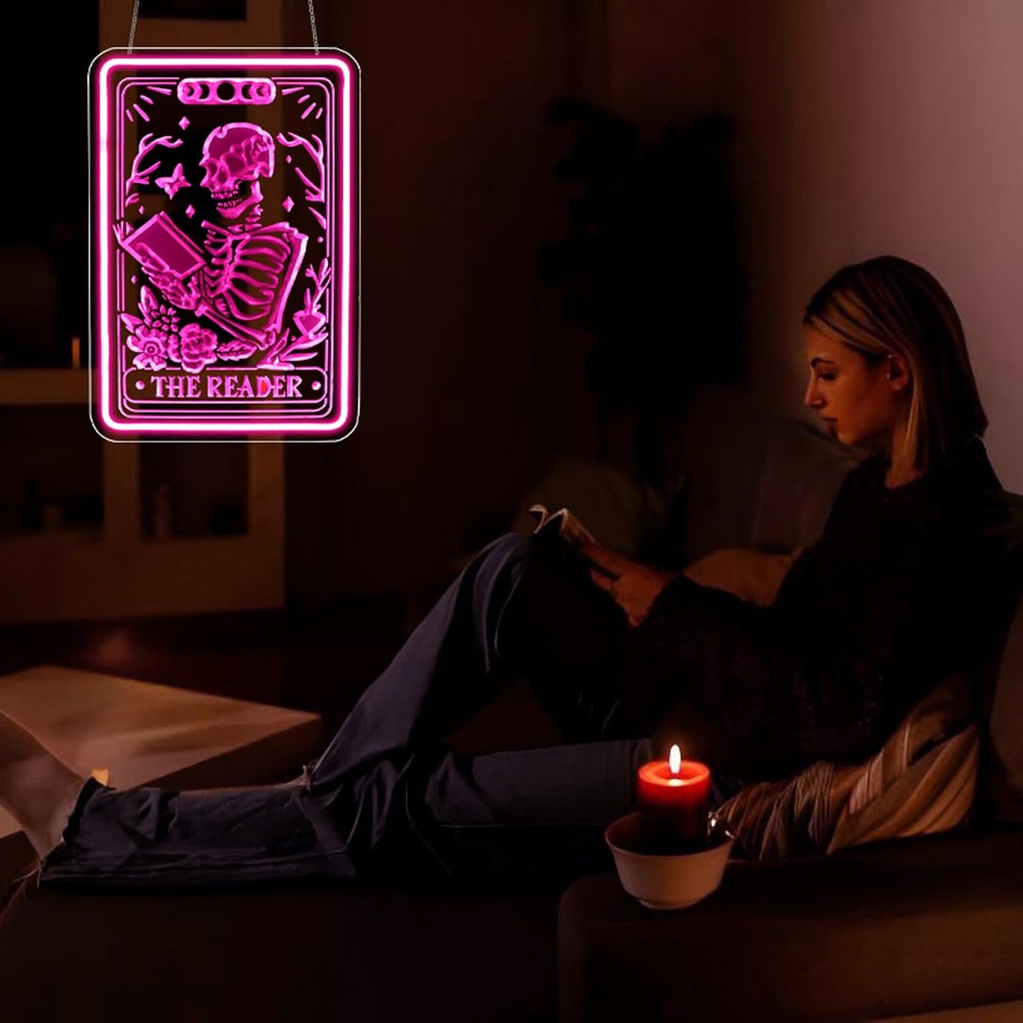 Skeleton Reading Book Neon Sign Led Neon Lights Neon Signs for Wall Decor USB Powered Led Neon Signs for Room Decoration