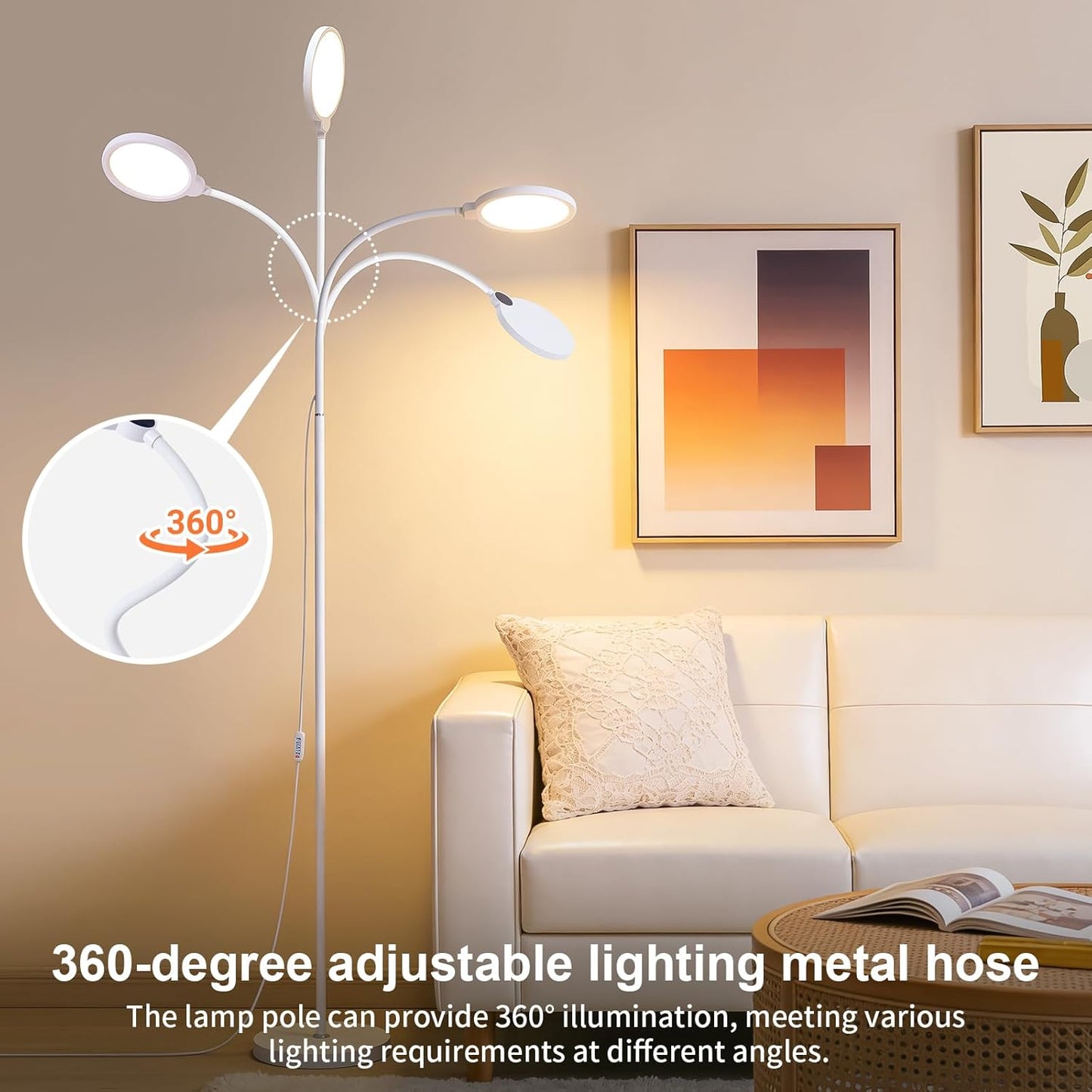 White Modern Bright LED Floor Lamp Adjustable Gooseneck Standing Lamp with Dimmer & Color Temperature, for Living Room,Kids Bedroom,Office, Nursery Library Desk Reading Light, Eyelash Makeup light