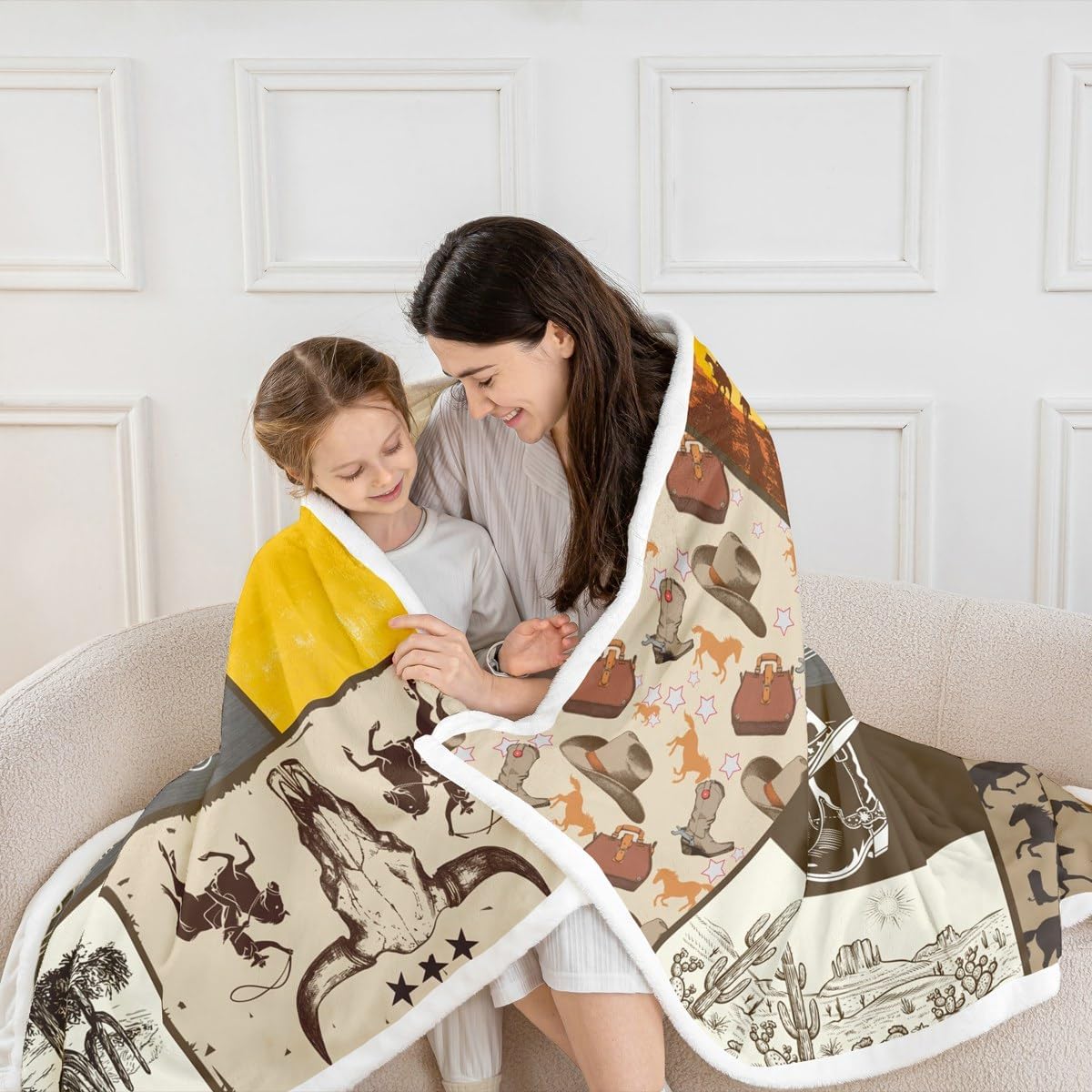 Western Cowboy Kids Throw Blanket,Cowboy Boots Horseshoe Farmhouse Bed Blanket for Boys Girls Adults,Cow Skull Cactus Rustic Fleece Blanket,Brown Retro Fuzzy Blanket,Throw Size (50 x 60 Inches)