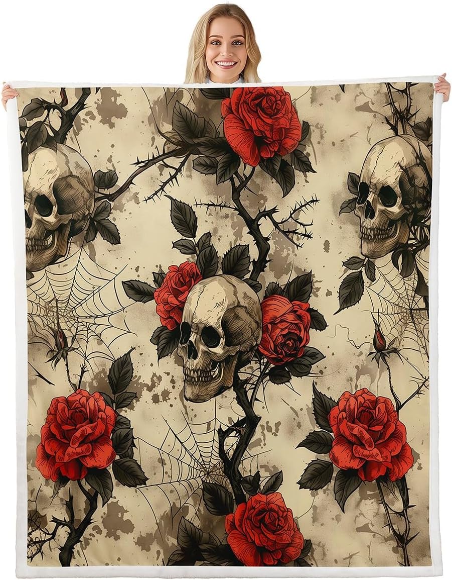 Erosebridal Rose Sugar Skull Fleece Blanket 40"x50" Retro Spider Web Warm Plush Sherpa Blanket Floral Thorns Horror Theme Fuzzy Plush Throw Red White Gothic Room Decor