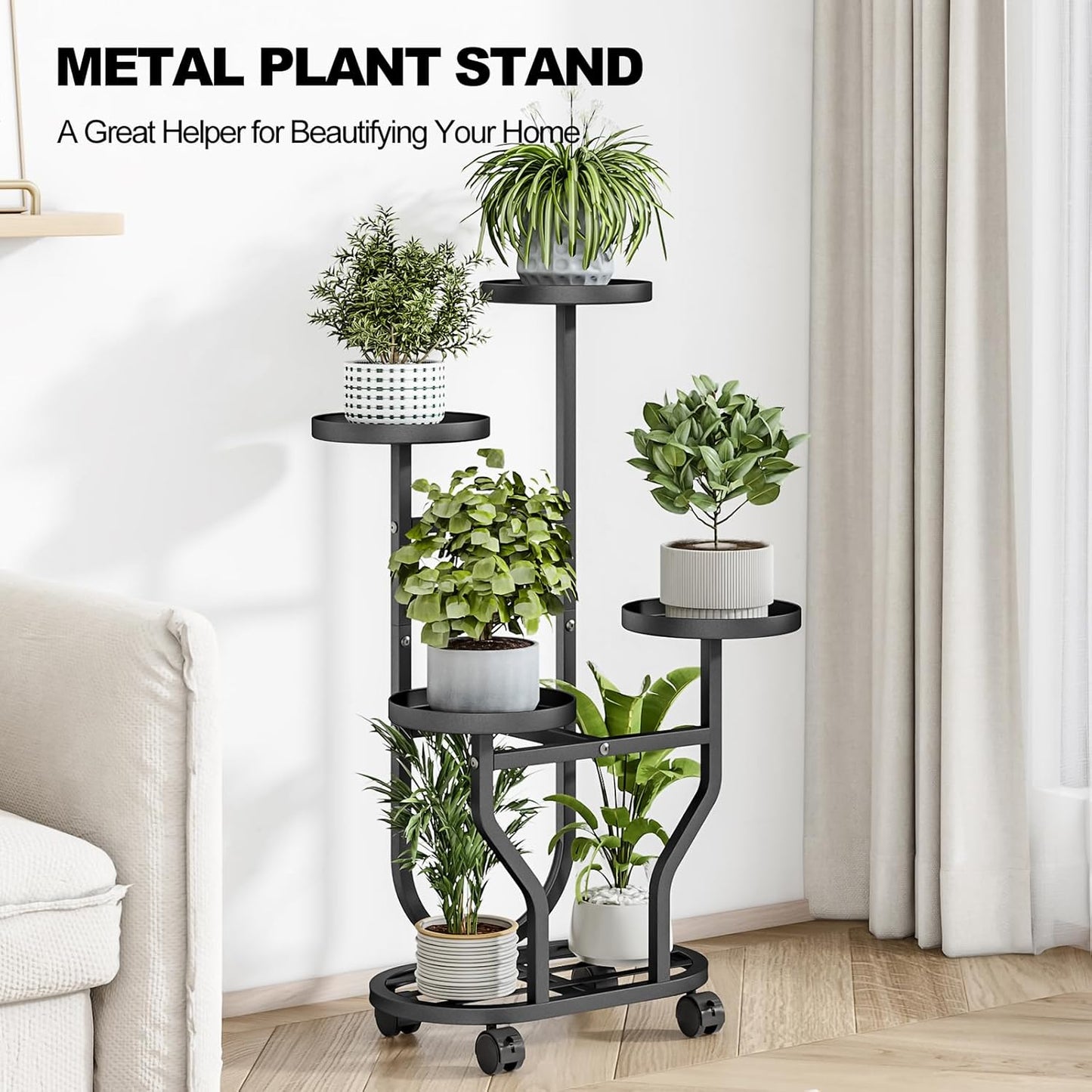 Plant Stand Indoor Outdoor 4 Tier Flower Holder with Wheels Metal Plant Shelf Corner Display Rack Multi Plants Sheleves for Living Room Garden Patio Black