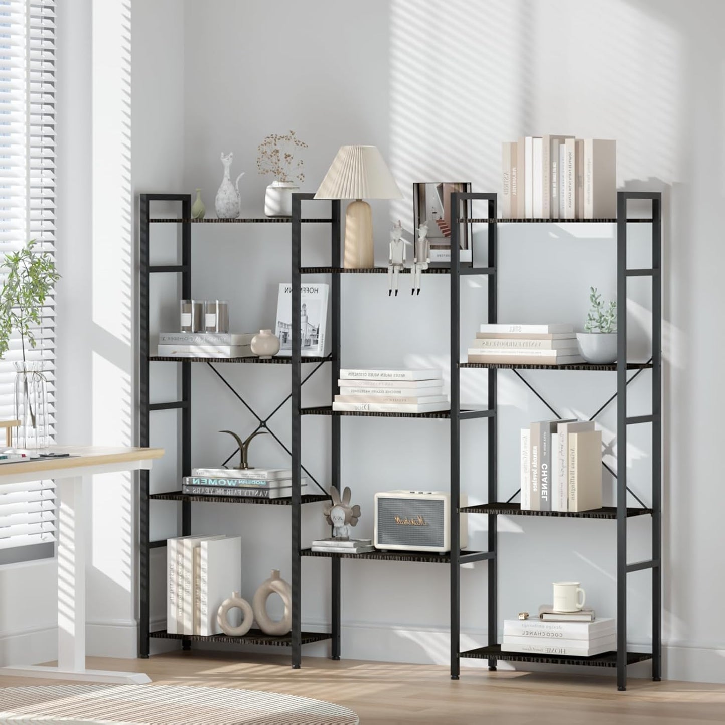 Triple 4 Tier Bookshelf, Tall Book Shelf with 11 Open Display Shelves, Adjustable Industrial Bookcase in Living Room, Bedroom, Wide Metal Bookshelf Book Case for Home & Office, Black