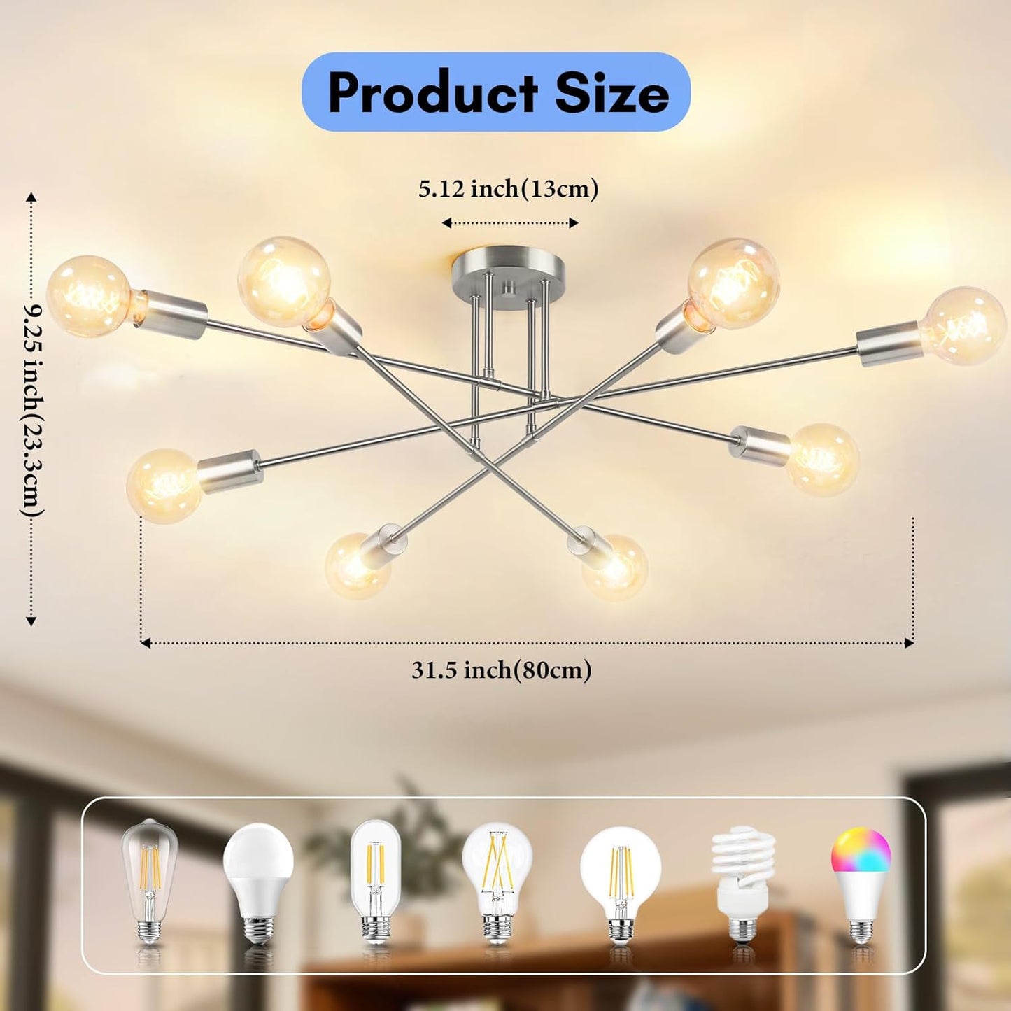 Modern Sputnik Chandelier 8-Light Industrial Ceiling Lights Fixture 32" Brushed Nickel Semi Flush Mount Ceiling Light with E26 Base Sputnik Lights Fixture for Dining Room Bedroom Hallway Living Room